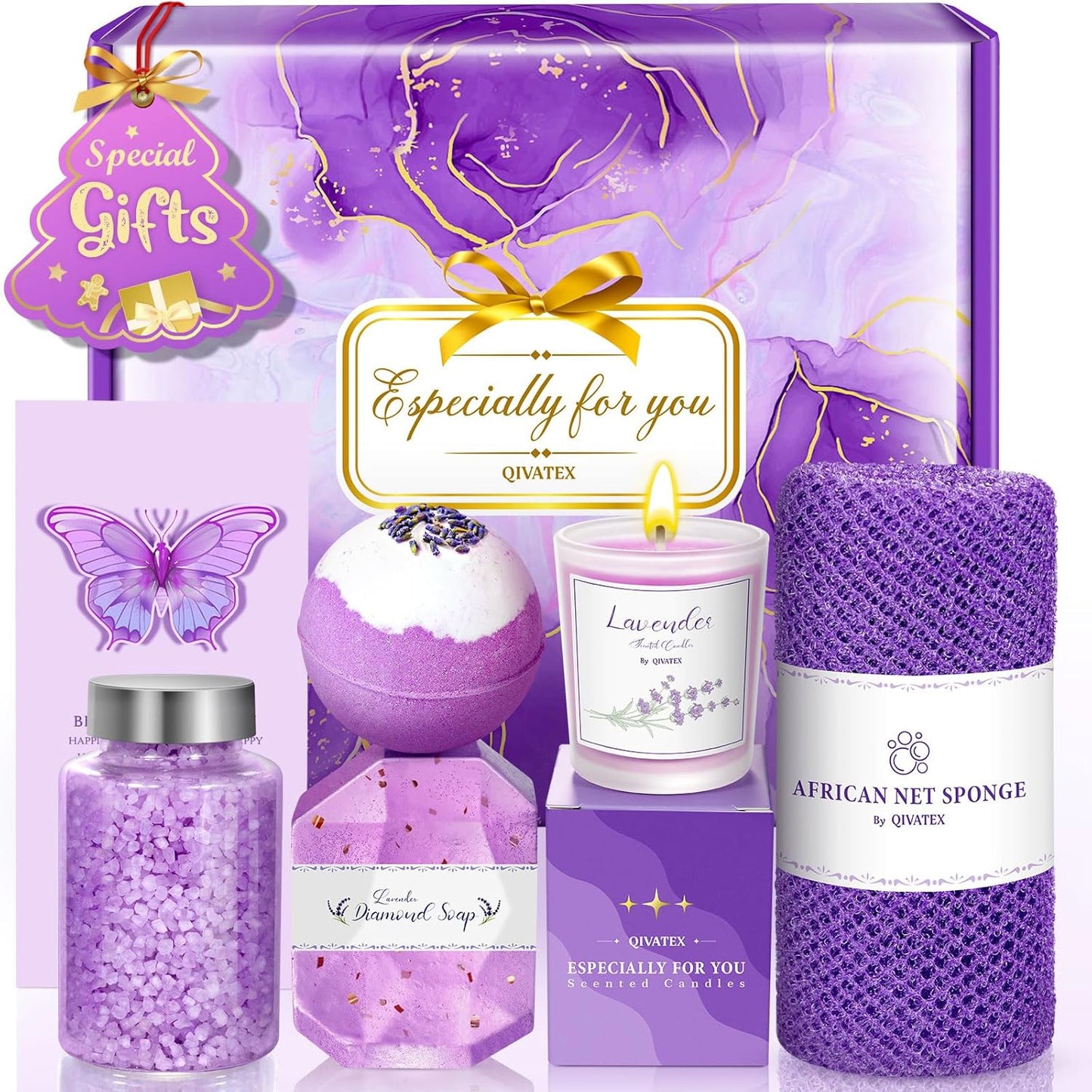 Qivatex Lavender Gift Set for Women, Relaxing Spa Bath Self Care Basket Set | Unique Purple Birthday, Christmas, Mothers Day, Valentines, Holiday Gift, Gift for Her, Mom, Wife, Girlfriend, Sister, Auntie