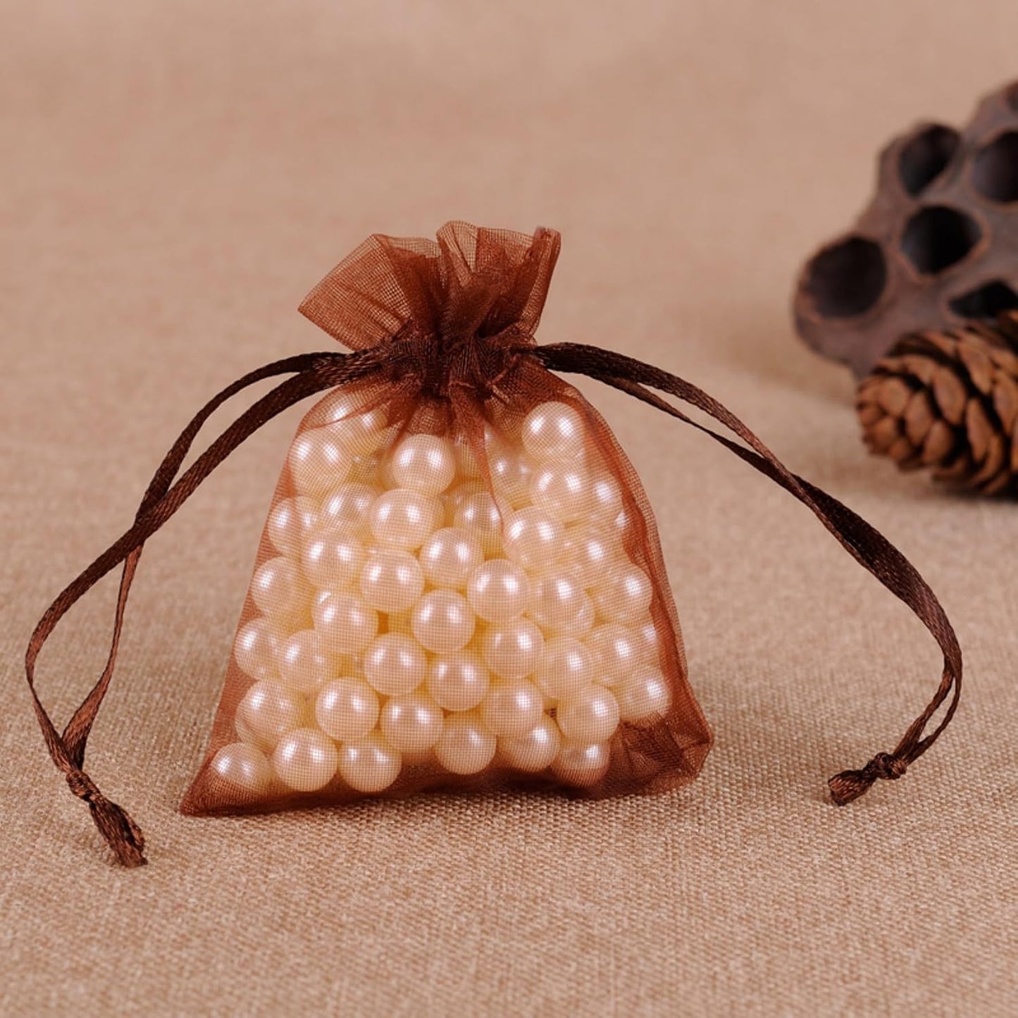 50 Pcs Gift Organza Bags Drawstring 5x7 inch Brown for Jewelry,Candy,Dried Lavender Flowers Sheer Fabric Clear Mesh Carry Sachets for Baby Shower,Christmas,Party Favors,Birthday,Wedding,Bridal Shower