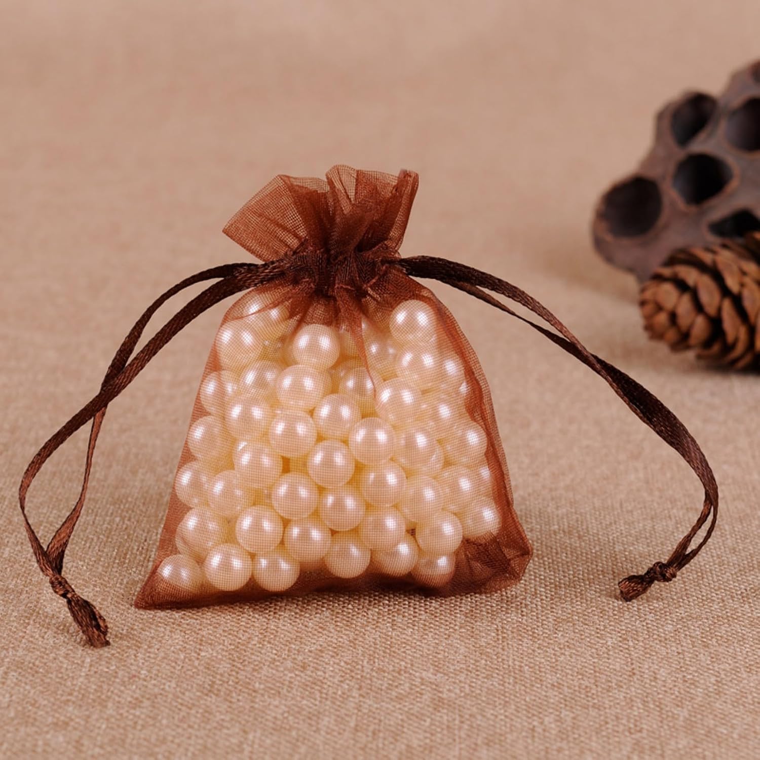 50 Pcs Gift Organza Bags Drawstring 5x7 inch Brown for Jewelry,Candy,Dried Lavender Flowers Sheer Fabric Clear Mesh Carry Sachets for Baby Shower,Christmas,Party Favors,Birthday,Wedding,Bridal Shower
