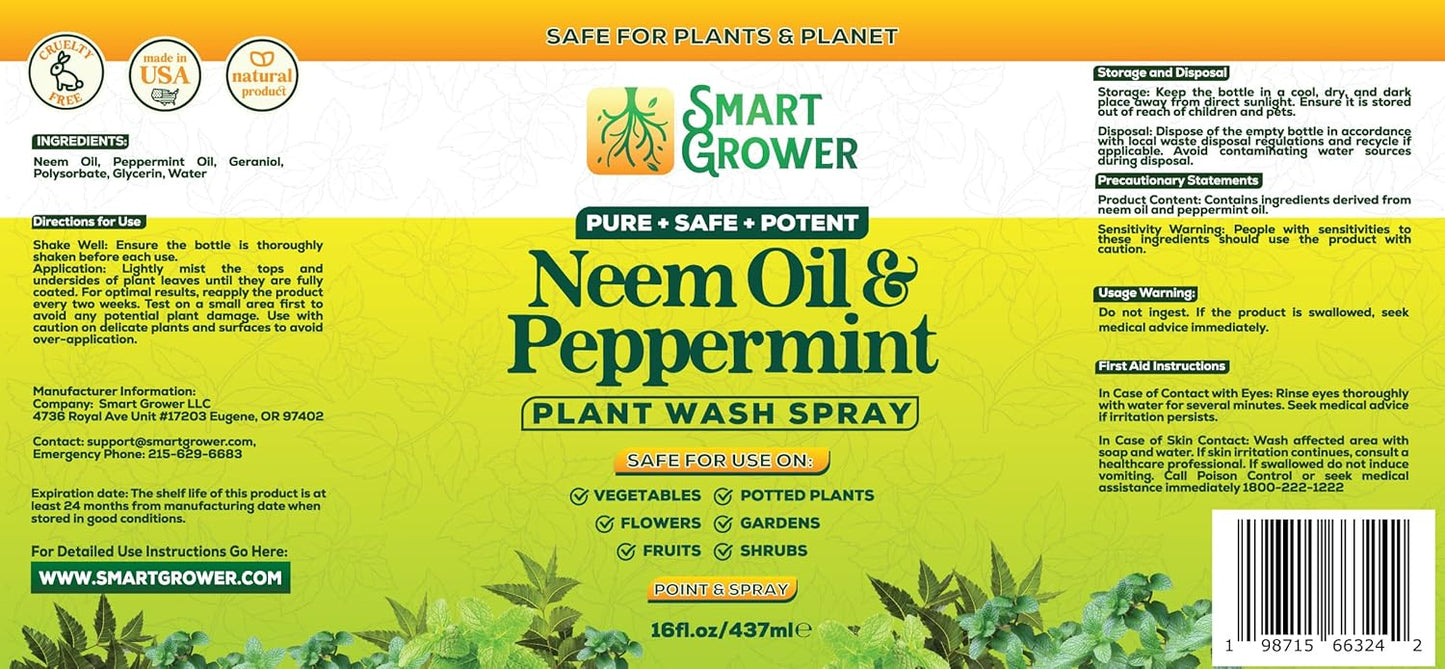 Neem Oil Spray for Plants with Peppermint Oil, Natural Plant Wash Made for Indoor and Outdoor Plants Smart Grower 16oz Easy Ready to Use Spray