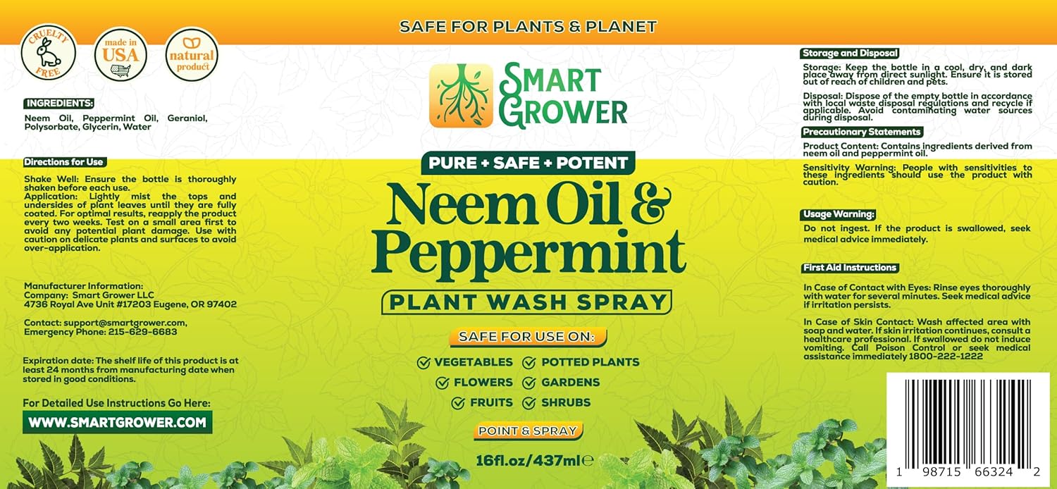 Neem Oil Spray for Plants with Peppermint Oil, Natural Plant Wash Made for Indoor and Outdoor Plants Smart Grower 16oz Easy Ready to Use Spray
