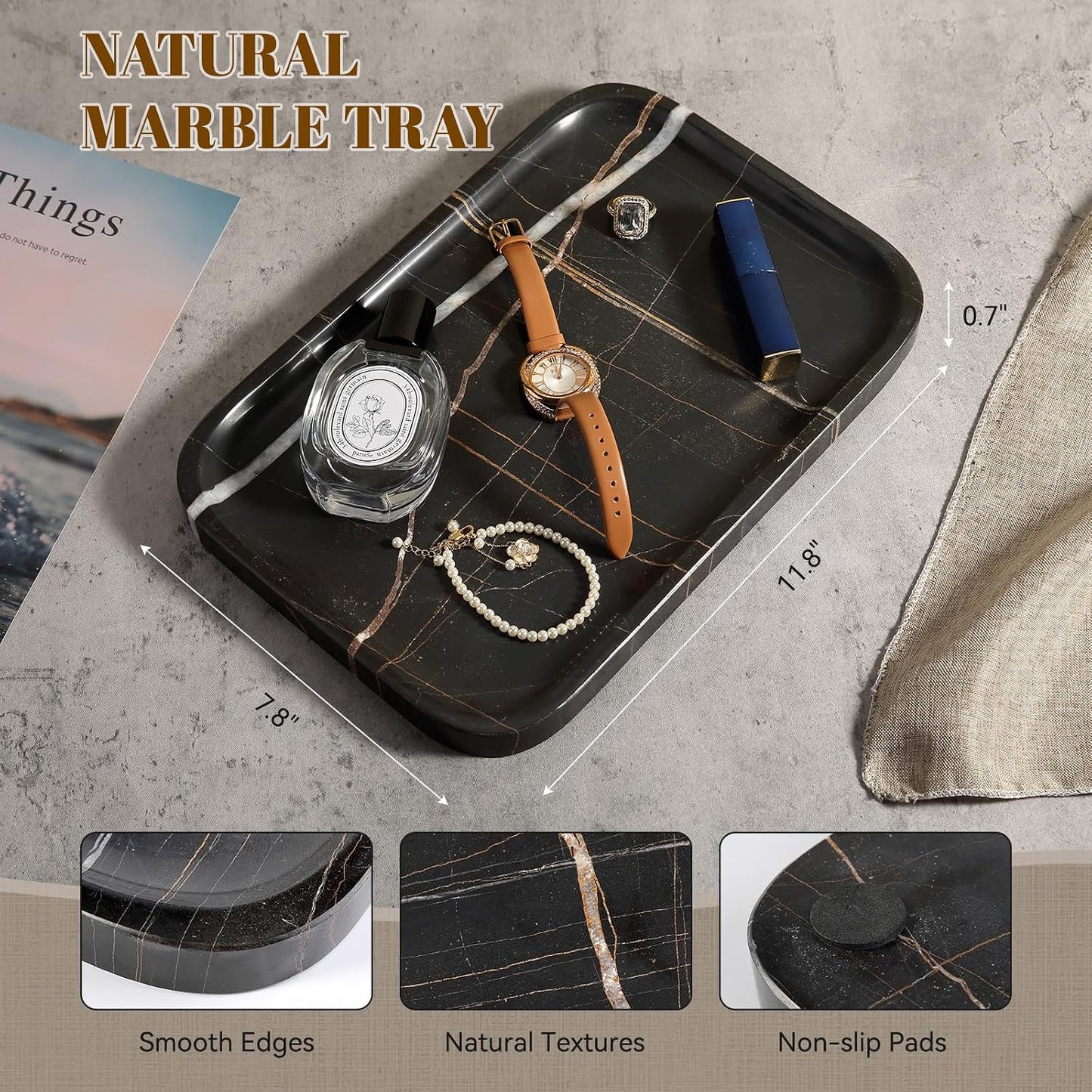 Koville Marble Tray, 12"x8" Natural Marble Vanity Tray for Countertop Bathroom Kitchen Dresser, Decorative Catchall Trays for Perfume Jewelry, Rectangular Stone Serving Tray(Black)