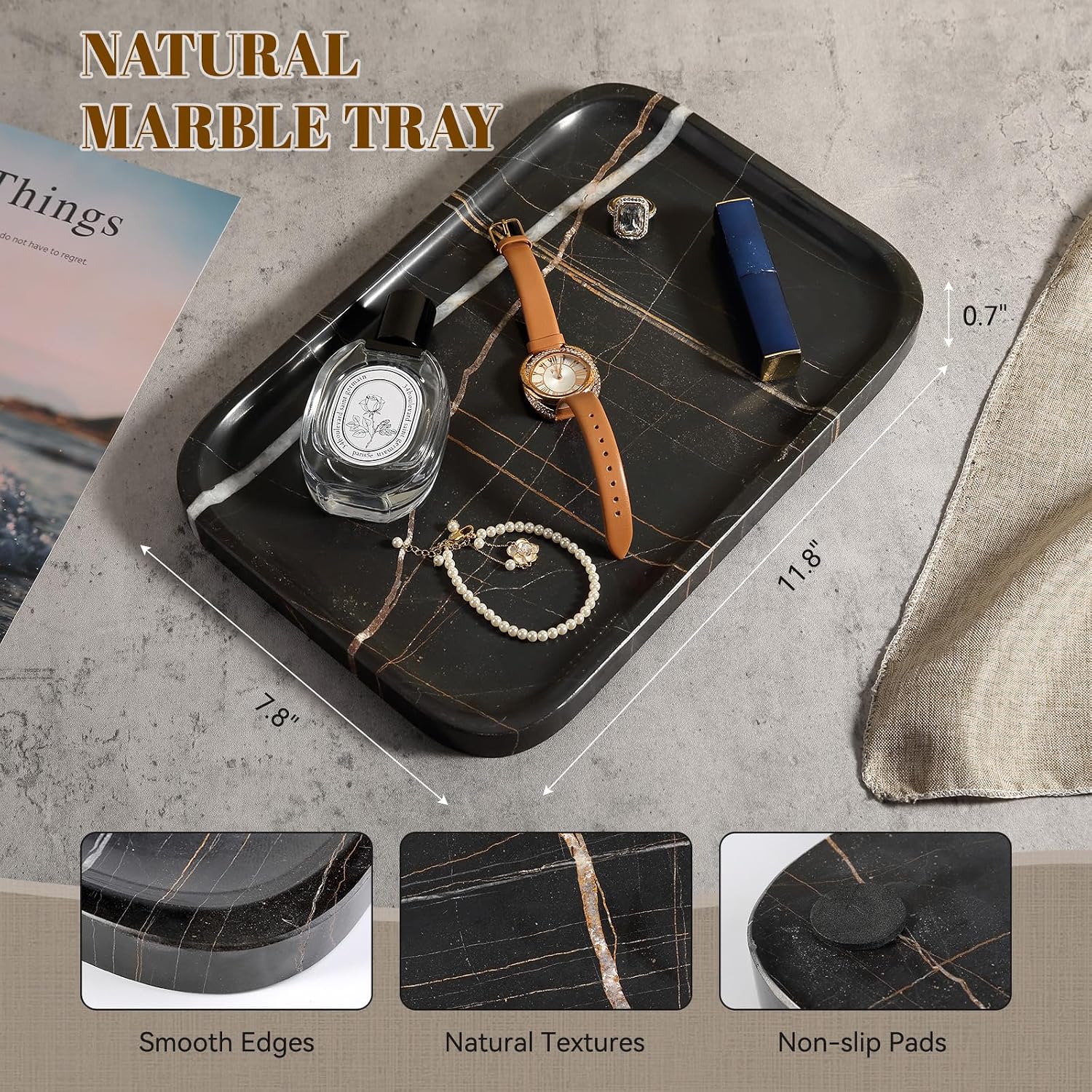 Koville Marble Tray, 12"x8" Natural Marble Vanity Tray for Countertop Bathroom Kitchen Dresser, Decorative Catchall Trays for Perfume Jewelry, Rectangular Stone Serving Tray(Black)