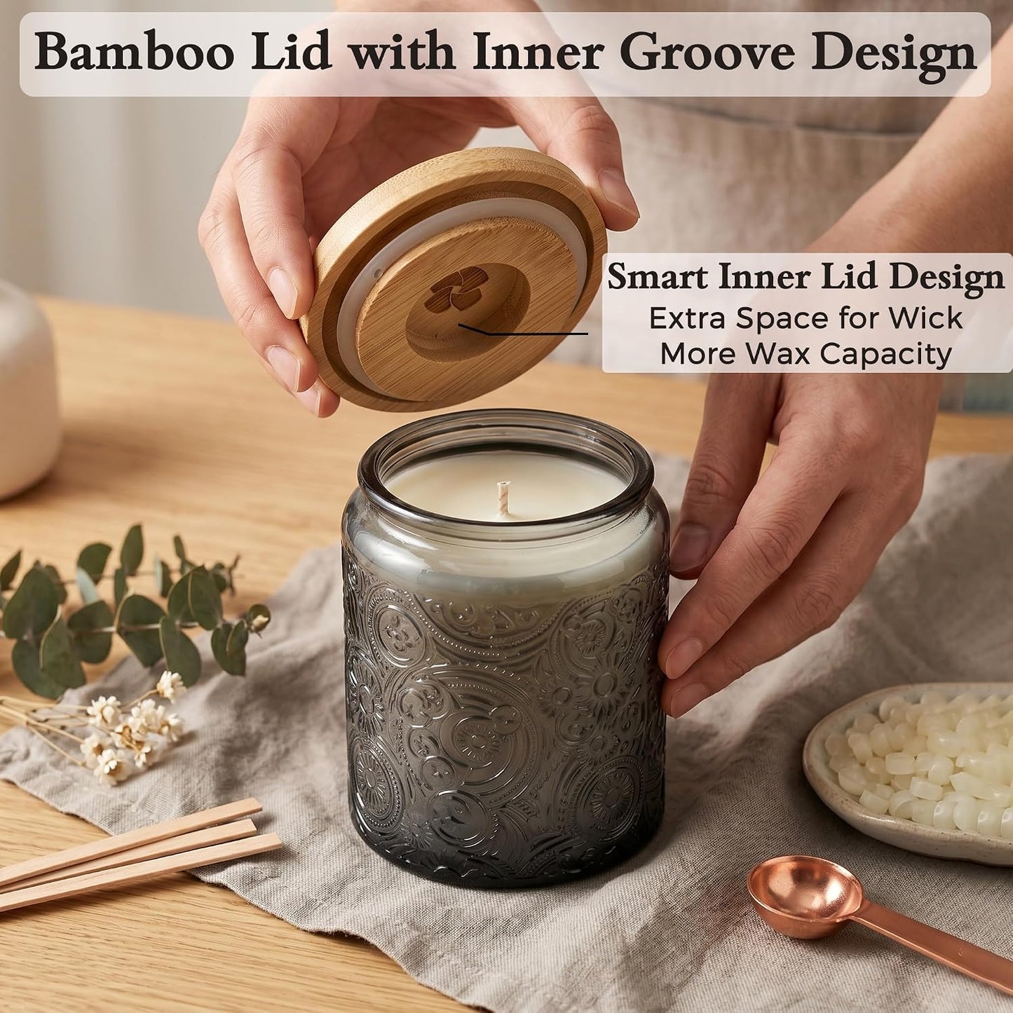 8 oz Gray Sun Moon Stars Candle Jars with Bamboo Lids, 9 Pack | Patented Embossed Design, Includes Wick Centering Devices & Warning Labels, Multiple Color Options