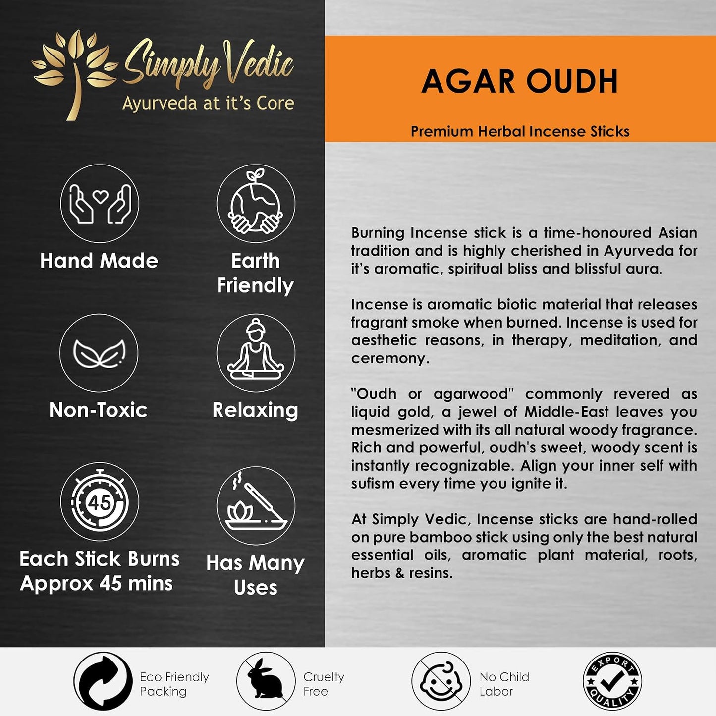 Simply Vedic Agar Oudh Incense Stick (Approx 135 Sticks, 250 Grams) Premium Handmade Agarbatti with Insense Holder| Lasts 45 Minutes| for Aromatherapy, Meditation, Yoga, Home & House Decor- Gift Set