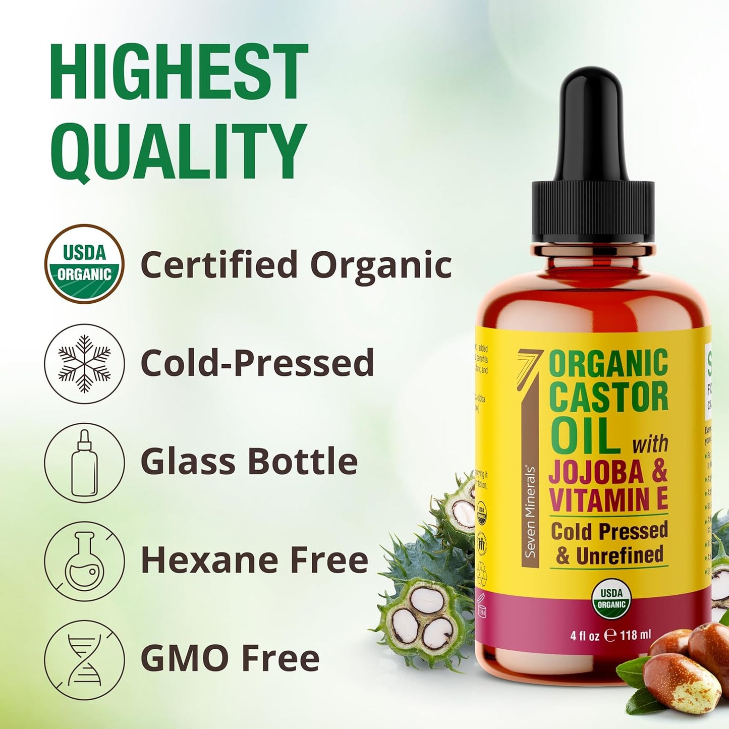 Seven Minerals Organic Castor Oil with Jojoba & Vitamin E for Eyelashes, Eyebrows, Face & Hair Growth - Glass Bottle, Cold Pressed & Hexane Free - Hydrates & Boosts Natural Hair Growth - 4 fl oz