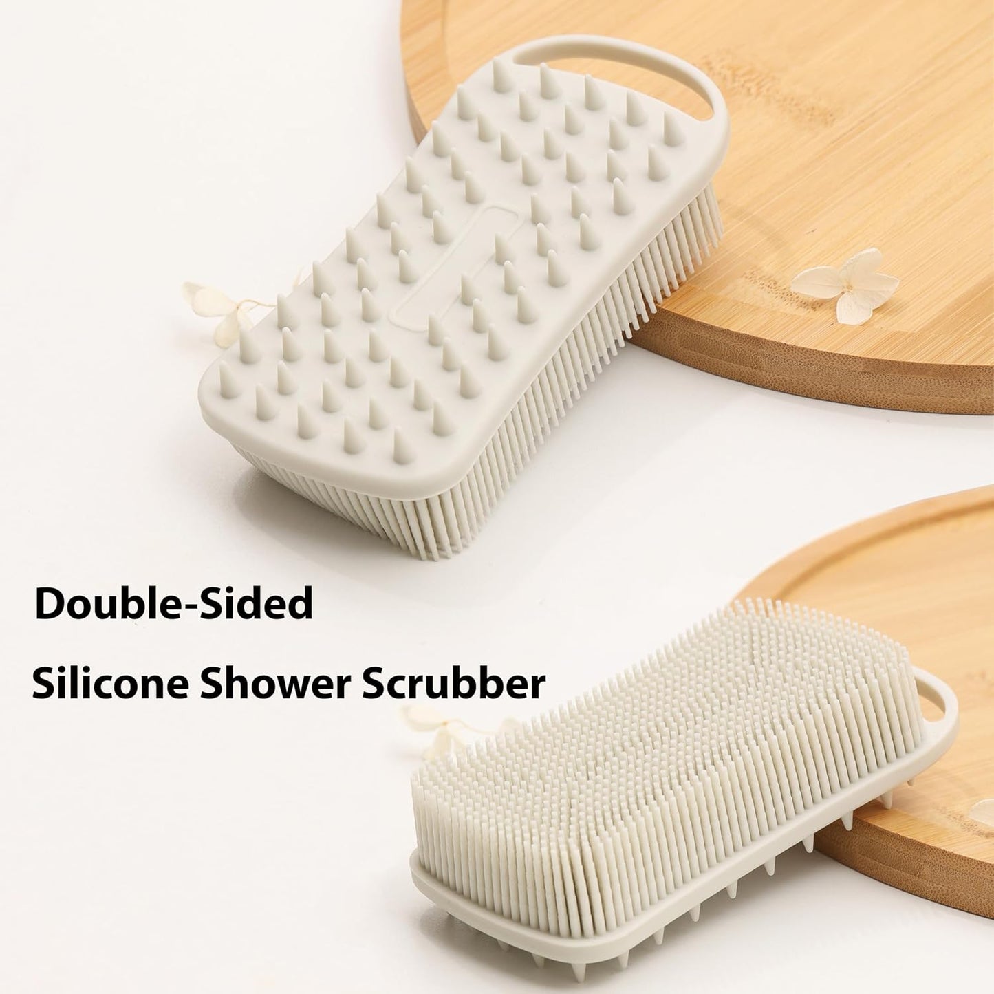 MtBoi 2 PC Silicone Body Scrubber, 2 in 1 Exfoliating Shower Bath Scrubber, Soft Silicone Loofah for Sensitive Skin, Shower Hair Scalp Massager, Easy to Clean, Lather Well (Grey&Black)