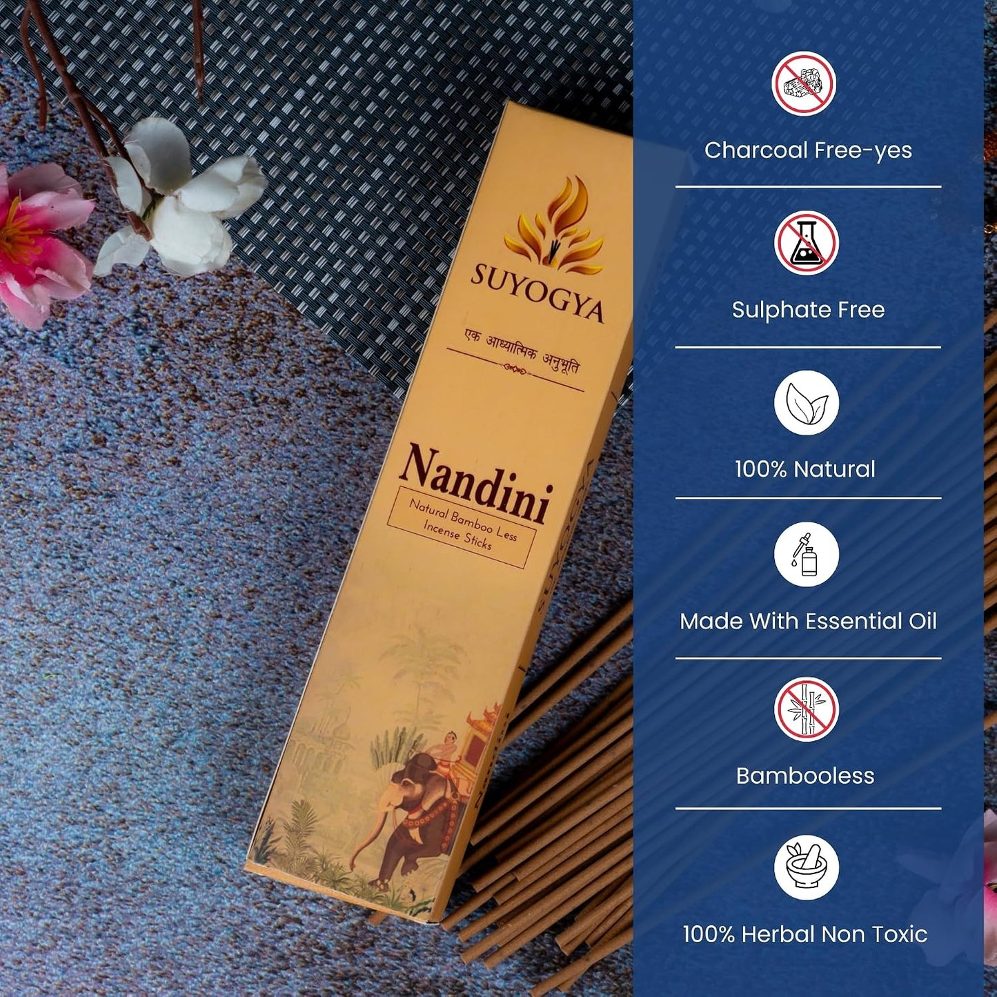 Nandini Premium 9-Inch Bambooless Incense Sticks - Hawan Samagri, 60 Minutes Long-Lasting Fragrance for Pooja, Meditation, Festivals & Relaxation - Pack of 1
