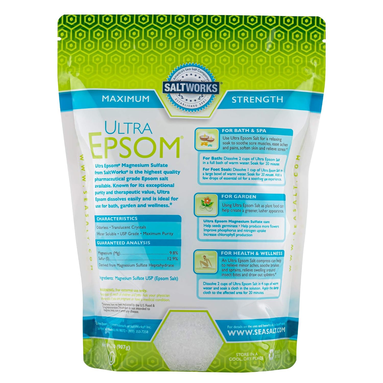 SaltWorks Ultra Epsom Premium Bath Salt, Medium Grain, 2 Pound Bag