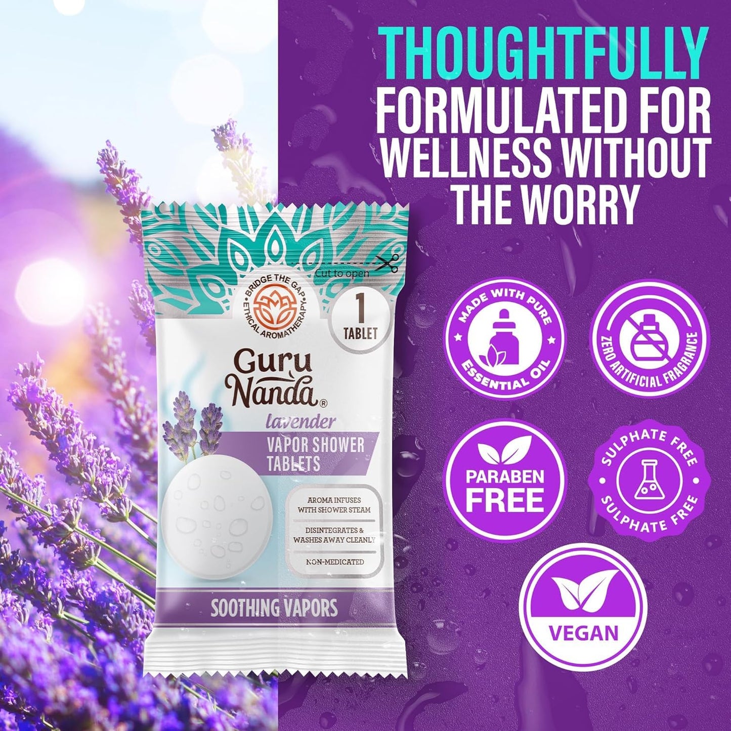 GuruNanda Lavender Vapor Shower Tablets, Clean-Dissolving Aromatherapy Shower Steamers with Lavender & Menthol, Soothes & Promotes Relaxation, Ideal for Gifting, 5 Count