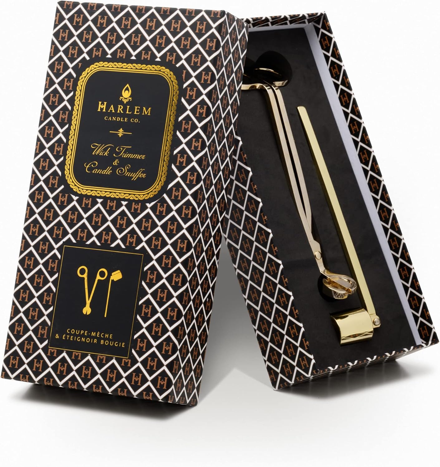 HARLEM CANDLE CO. Luxury Snuffer/Trimmer Set of 2, Candle Snuffer Extinguisher and Candle Wick Trimmer Cutter, Stainless Steel with Gold Finish, Gift Box Packaging
