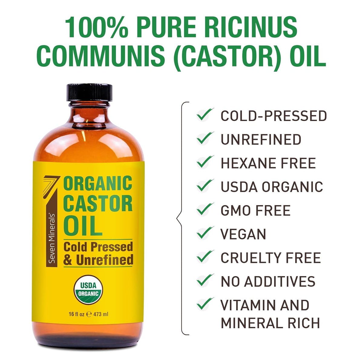 Seven Minerals USDA Organic Castor Oil - Big 16 oz Glass Bottle with Pump - 100% Pure Cold Pressed Unrefined Hexane Free