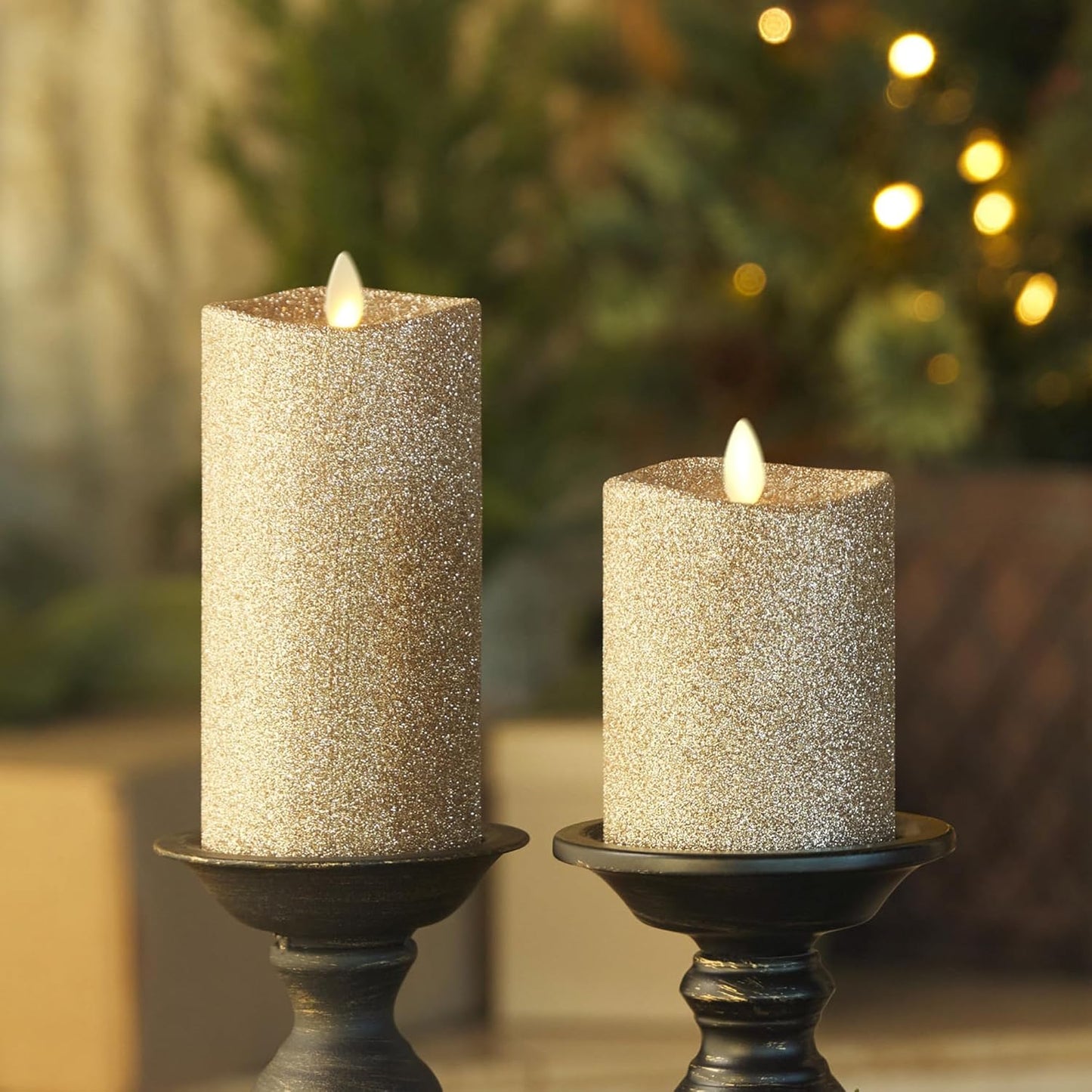 Luminara Realistic Artificial Flame Gold Glitter Pillar Candle - Moving Flame LED Battery Operated Lights - Unscented - Remote Ready - Remote Sold Separately - 3" x 6.5"