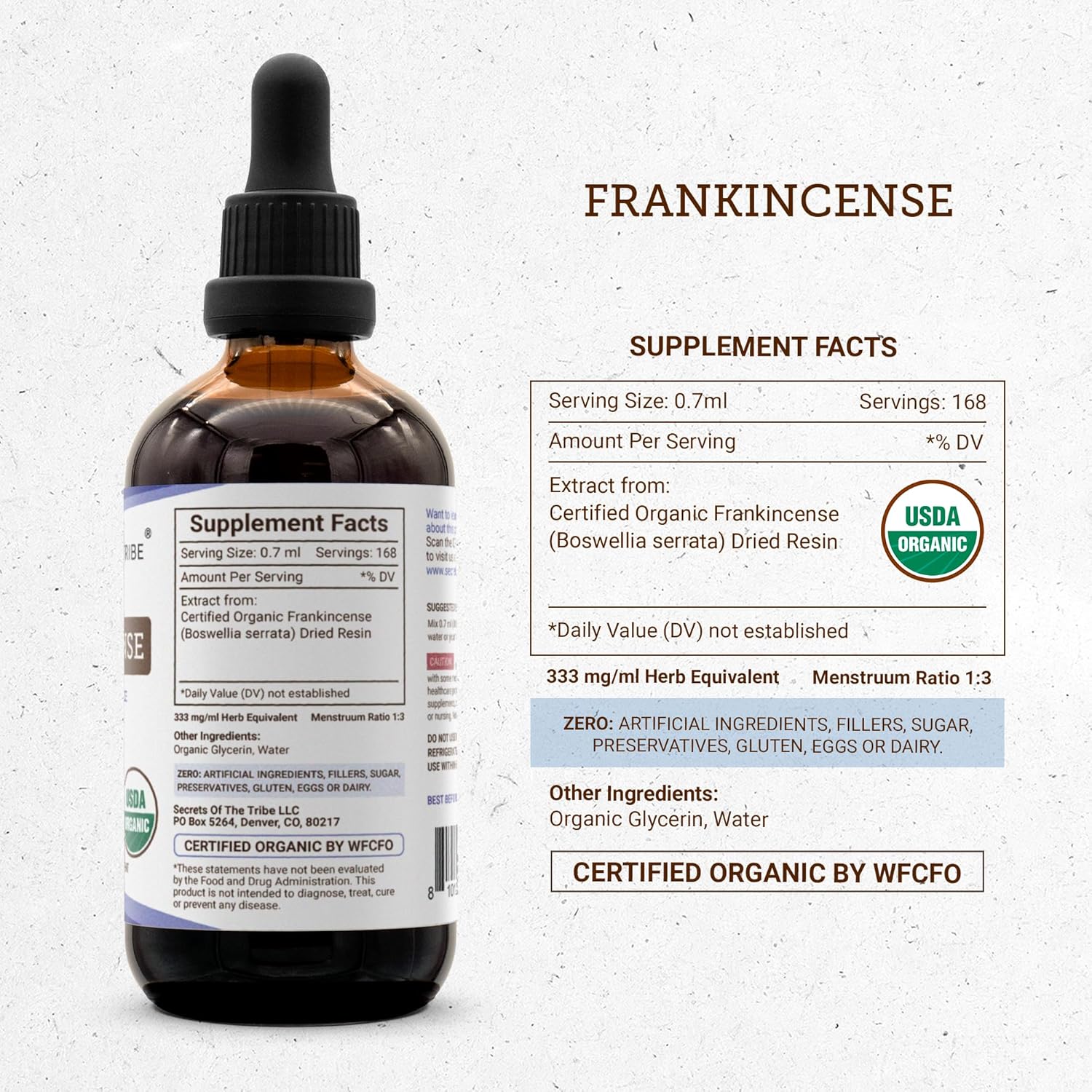 Secrets of the Tribe Frankincense Tincture USDA Organic Alcohol-Free Extract, Frankincense Boswellia Resin Positive Mood/Immune System Health (4 FL OZ)