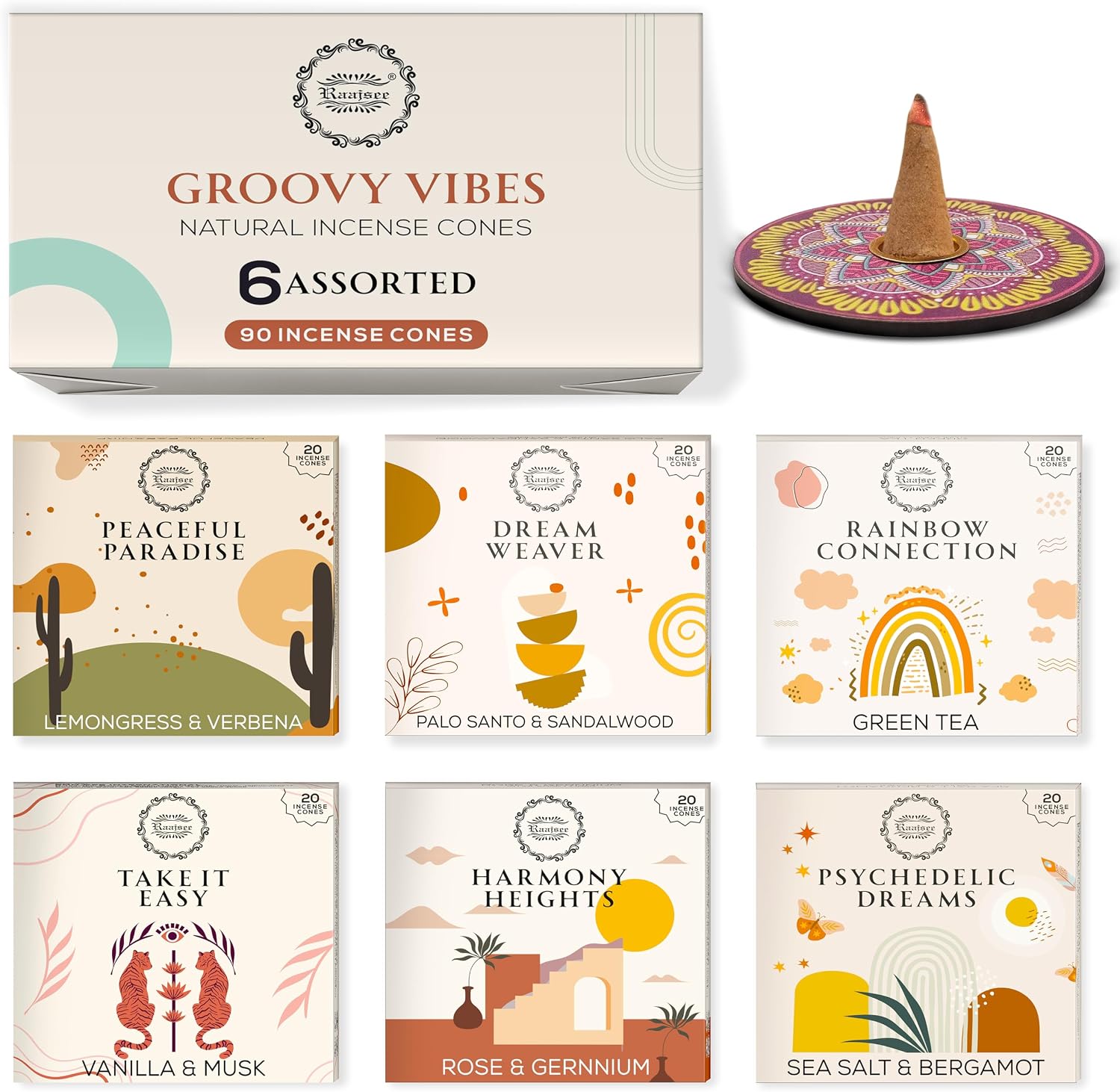 Raajsee Incense Cones, 6 Pack Cone Incense Gift Pack 15 pc Each (90 Total), Insence Cones Variety Pack, 100% Organic Non Toxic Natural