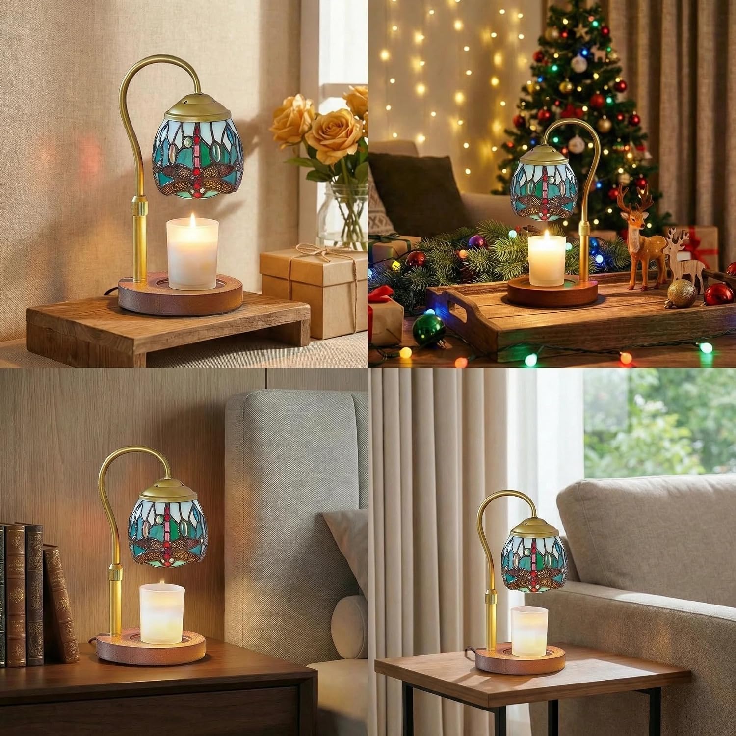Dragonfly Tiffany Style Candle Warmer Lamp, Adjustable Height Candle Warmer Lamp with Timer and Dimmer, Dimmable Electric Candle Warmer for Scented Wax, Glass Shade, Metal Stem, Wooden Base