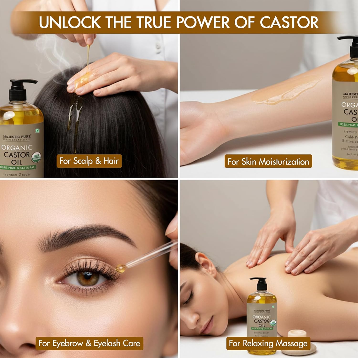 Majestic Pure Oil - 100% Pure and Natural- Cold Pressed & Hexane Free Natural Hair Growth Oil for Eyelashes, Eyebrows, Skin, Body, Face, Nails & Scalp - Organic Castor Oil 16 Fl Oz