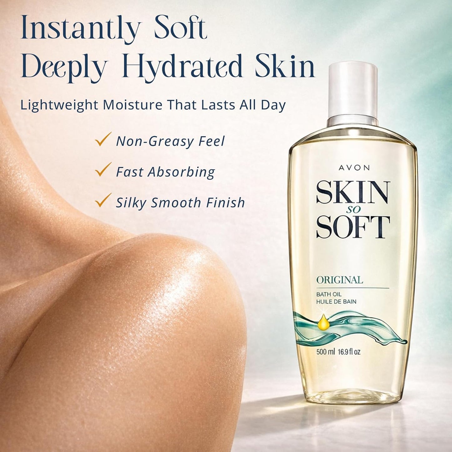 AVON Skin So Soft Original Bath Oil for Women, Moisturizing Body Oil with Jojoba Oil for Dry Skin, 16.9 fl oz Hydrating Shower Oil; Perfect as an After-Shower Skin Softener for All Adults