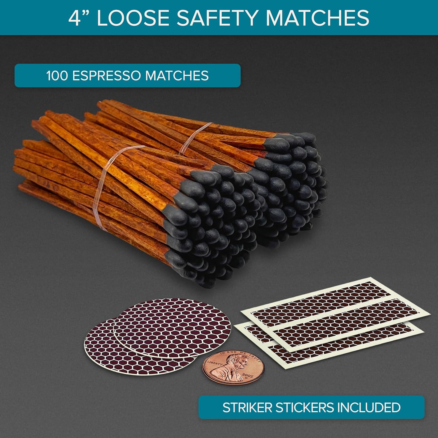 4" Brown Stick Black Tip Espresso Matches (100 Count, + Striking Stickers) | Decorative Unique & Fun for Your Home, Gifts, Accessories & Events | Premium Long Wood Safety Matches by Thankful Greetings
