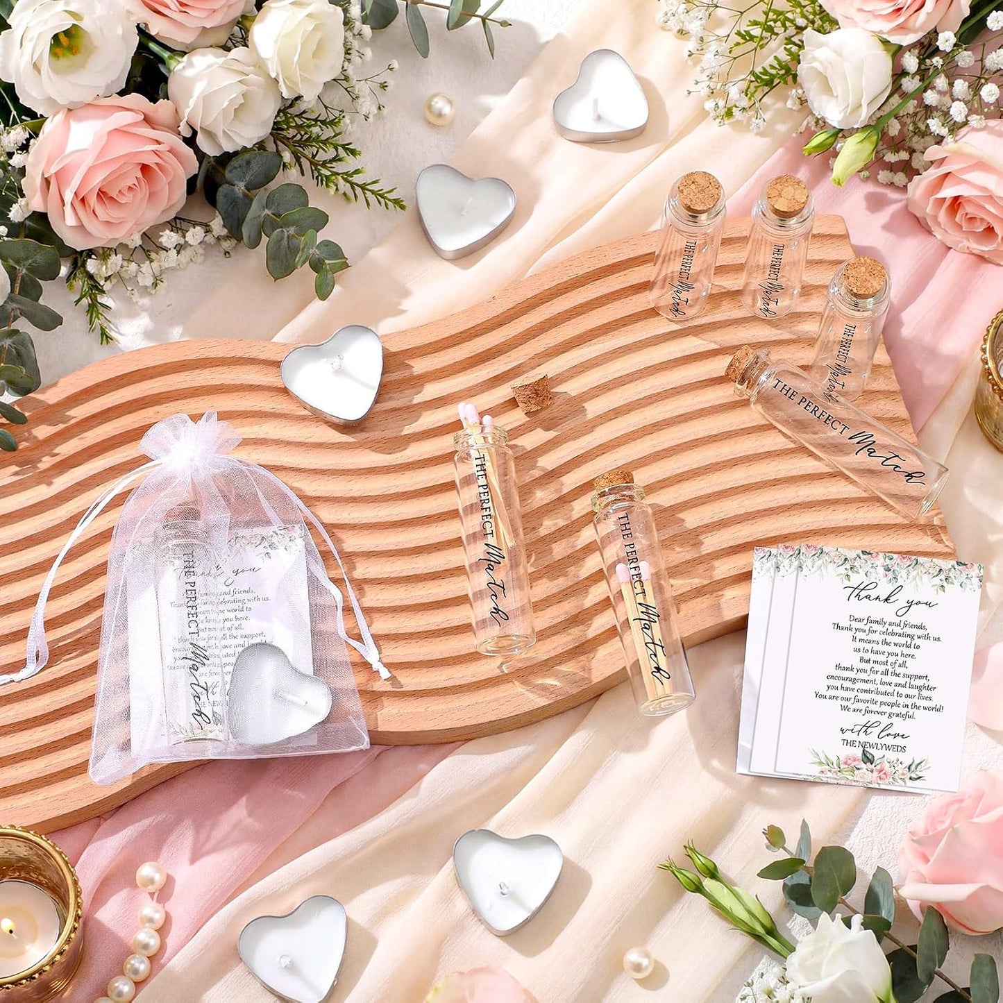 50 Sets Wedding Party Favors for Guests Bulk Including Heart Shaped Candles and Empty Matches Jars with Cork Top Thank You Cards and Organza Bags for Wedding Bridal Shower Party (Flower)