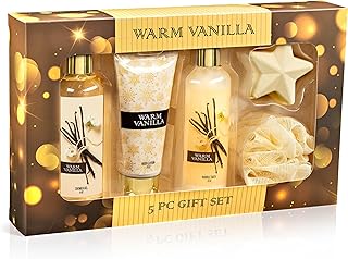 Fragrance Bath & Body Collection Gift Box, Includes Shower Gel, Body Lotion, Body Scrub, Bath Bomb & Sponge (Warm Vanilla 2.0) – Mother's Day Gift for Mom