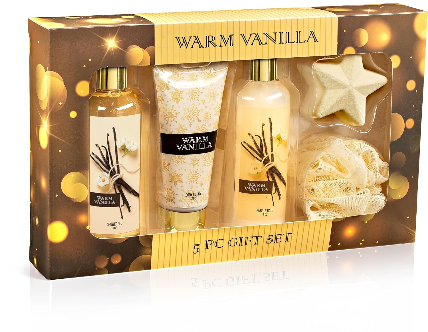 Fragrance Bath & Body Collection Gift Box, Includes Shower Gel, Body Lotion, Body Scrub, Bath Bomb & Sponge (Warm Vanilla 2.0) – Mother's Day Gift for Mom