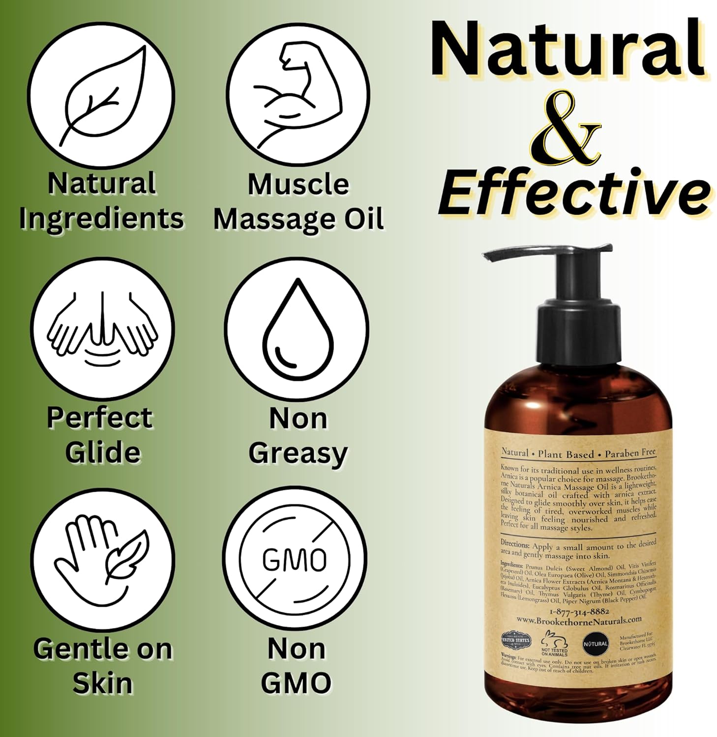 Brookethorne Naturals Arnica Massage Oil for Massage Therapy – Arnica Montana & Lemongrass Essential Oil – All Natural Supports Active Lifestyles – Paraben Free, Made in USA – 16oz