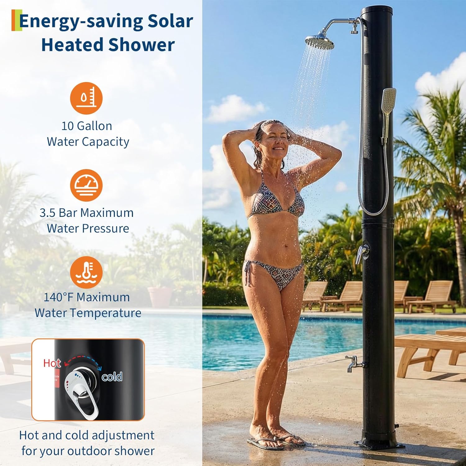 10 Gallon Solar Heated Shower | 2-Section Freestanding Outdoor Shower with Shower Head & Foot Shower Tap | Hot & Cold Water Adjustment | Poolside Beach Garden Spa Shower with Cover