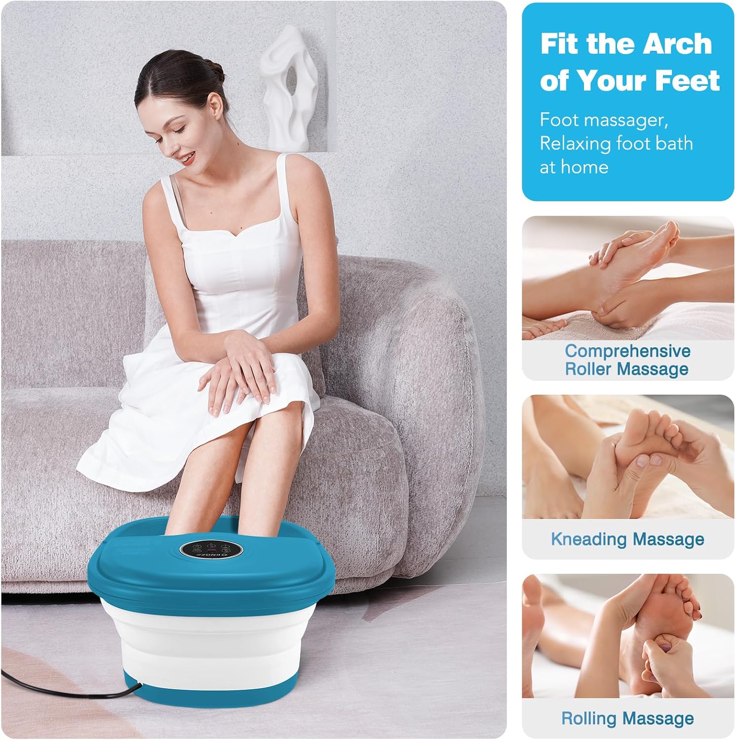 Foot Bath Massager with Bubbles, Heat, and 16 Massage Rollers - Collapsible Foot Spa Tub with Remote Control, Temperature Control, Red Light, Pumice Stone