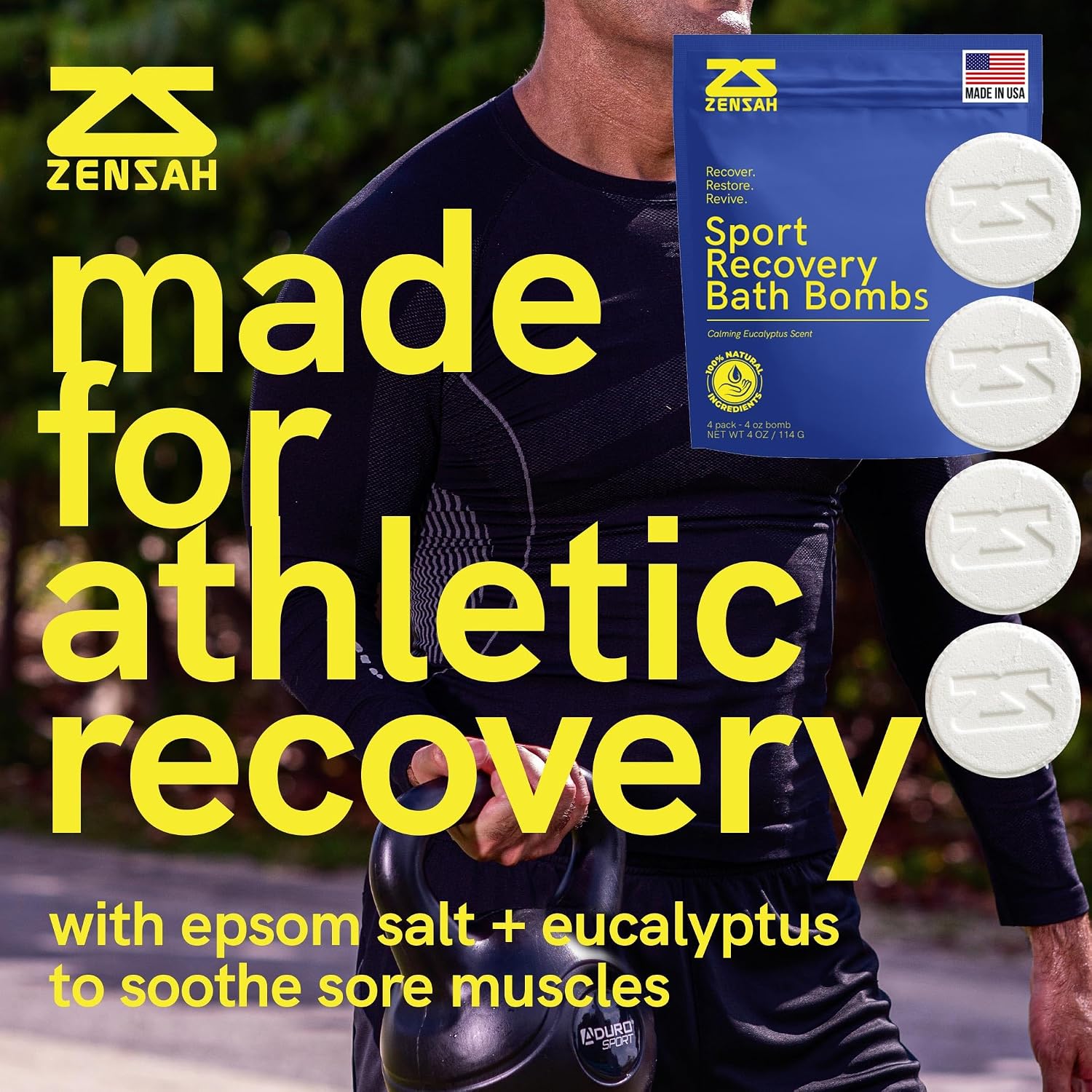 Zensah Sport Recovery Bath Bombs - Magnesium Epsom Salt for Soaking Sore Muscles, Birthday Gifts, Made in USA with Essential Oils, Peppermint and Eucalyptus Relaxation for Athletes