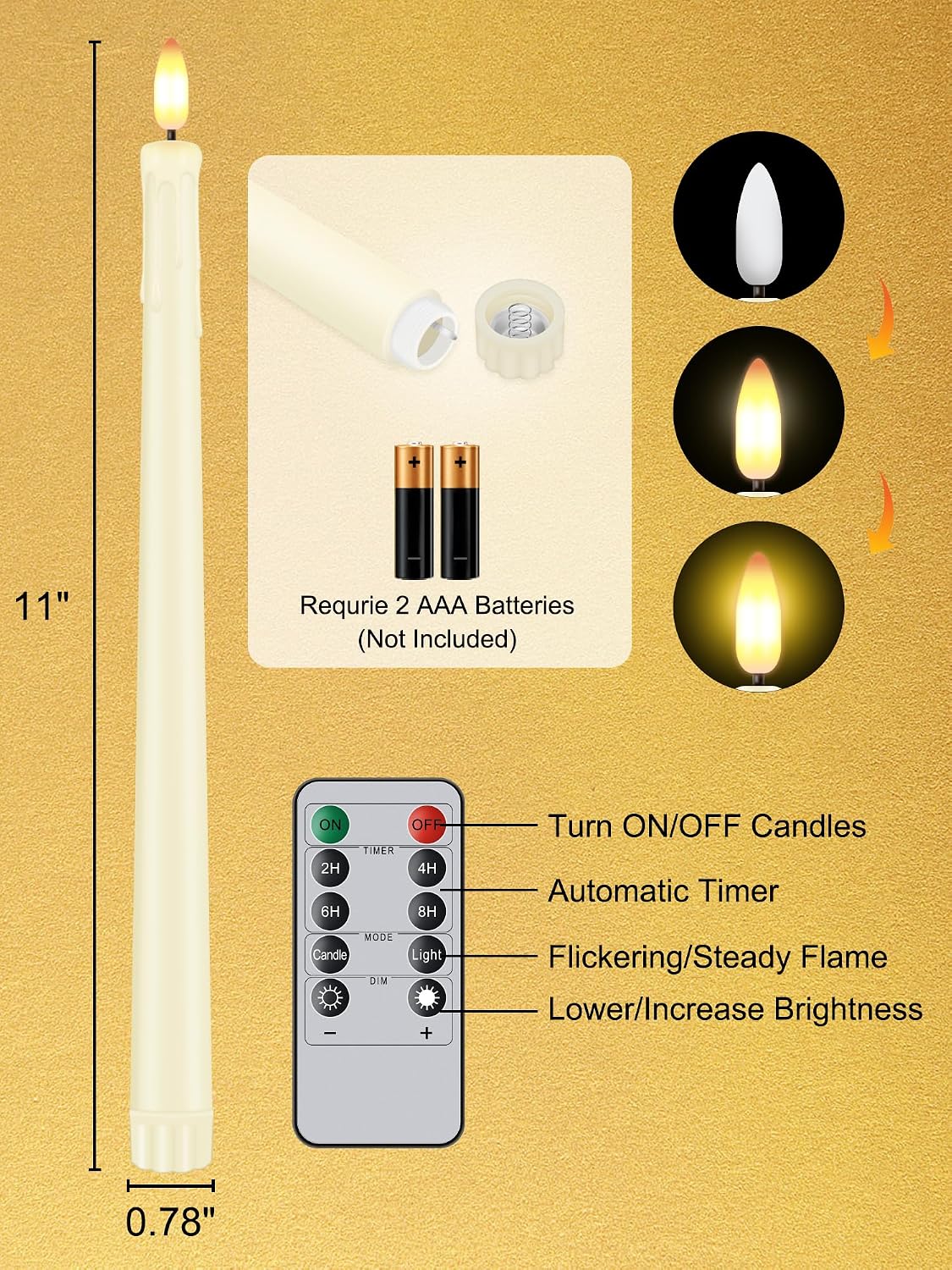 12 Pcs Flameless Taper Candles with Remote Timer, 11" Long Battery Operated Taper Candles, Flickering 3D Flame, Plastic Fake LED Candlesticks for Home Wedding Party Halloween, Ivory