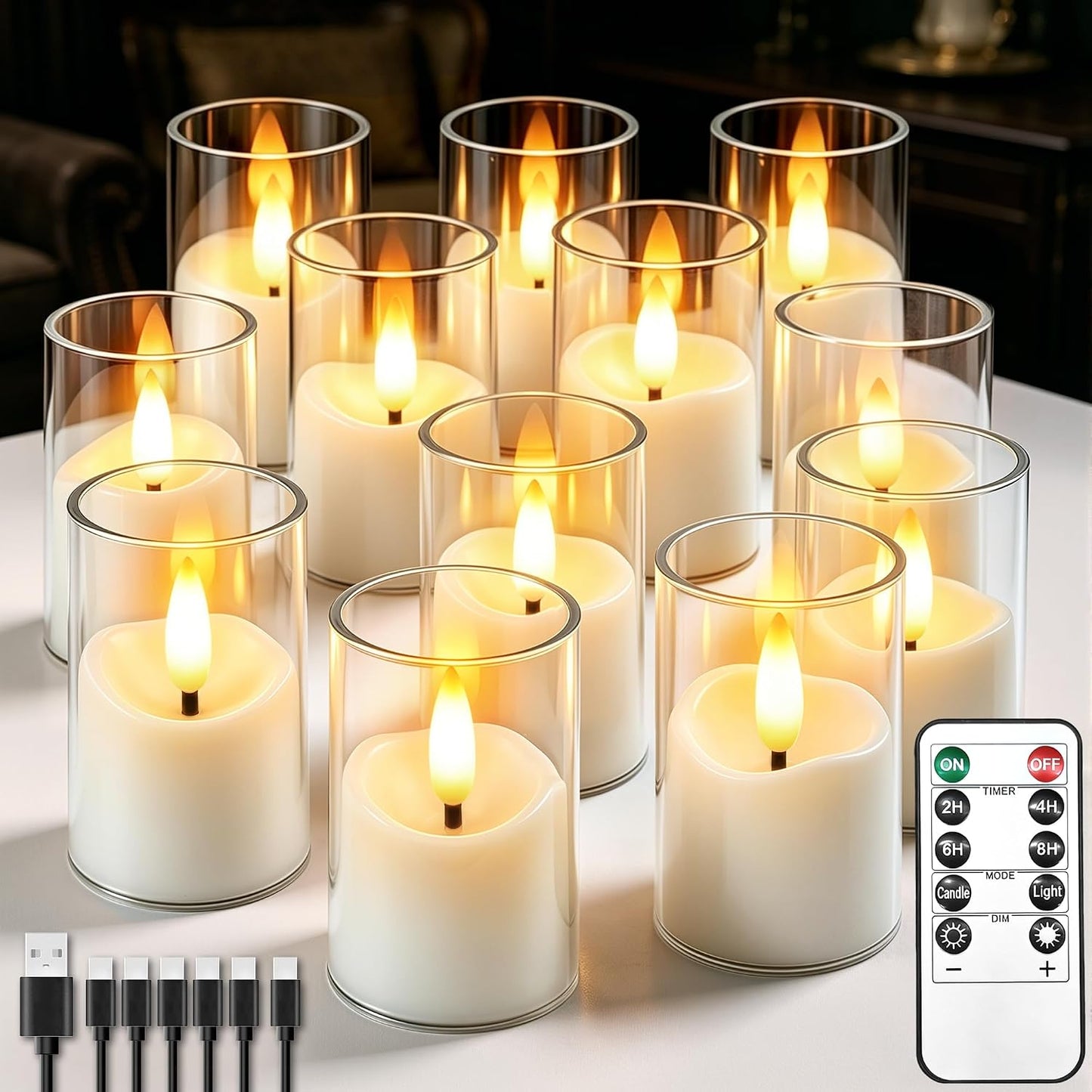 Rechargeable Flameless Candles with Timer Remote, 1.7"x2.6" Clear Acrylic LED Tea Lights Candles，Small Votive Electric LED Candles for Home Aniversary Wedding Holiday Decor(12 Pack)