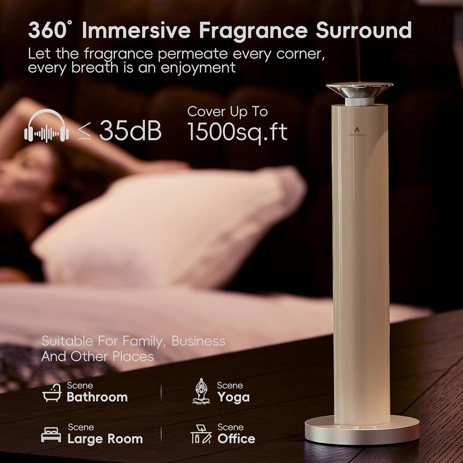 Waterless Scent Diffuser Starter Kit - Alloy Atomization System, Smart Rechargeable Hotel Scent Diffuser, 1500 Sq Ft Coverage, Including 6×15ml Essential Oils, for Home, Large Room, Spa, Cream