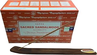 Govinda Incense Stick Holder Bundle with Satya Bangalore (BNG) Incense Sticks - 12 Boxes x 15 Grams (Sacred Sandalwood)