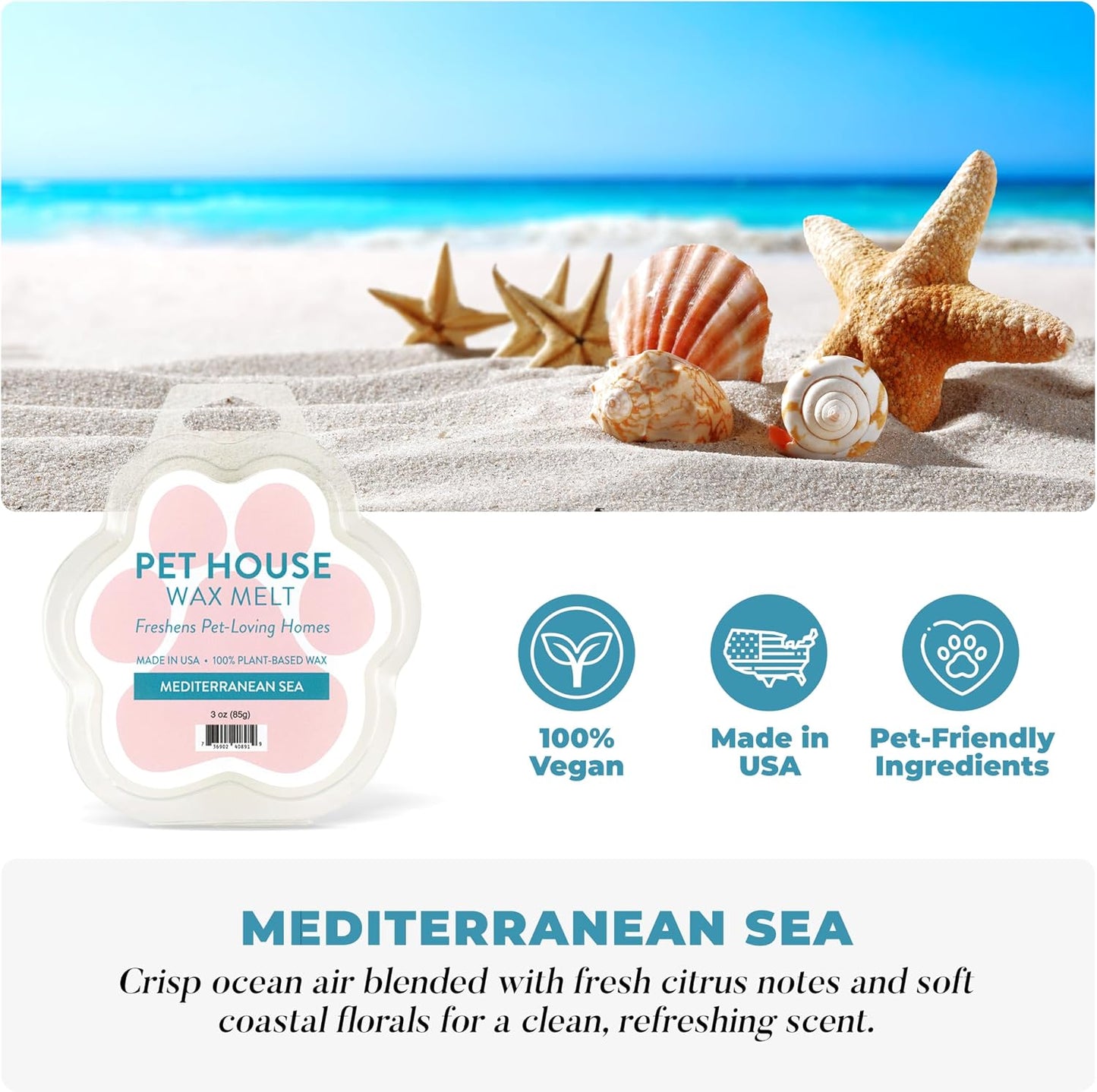 Pet House Wax Melts Bamboo Watermint, Mediterranean Sea - Long-Lasting Scented Wax Melts, Plant Based, Pet Friendly Pack of 2
