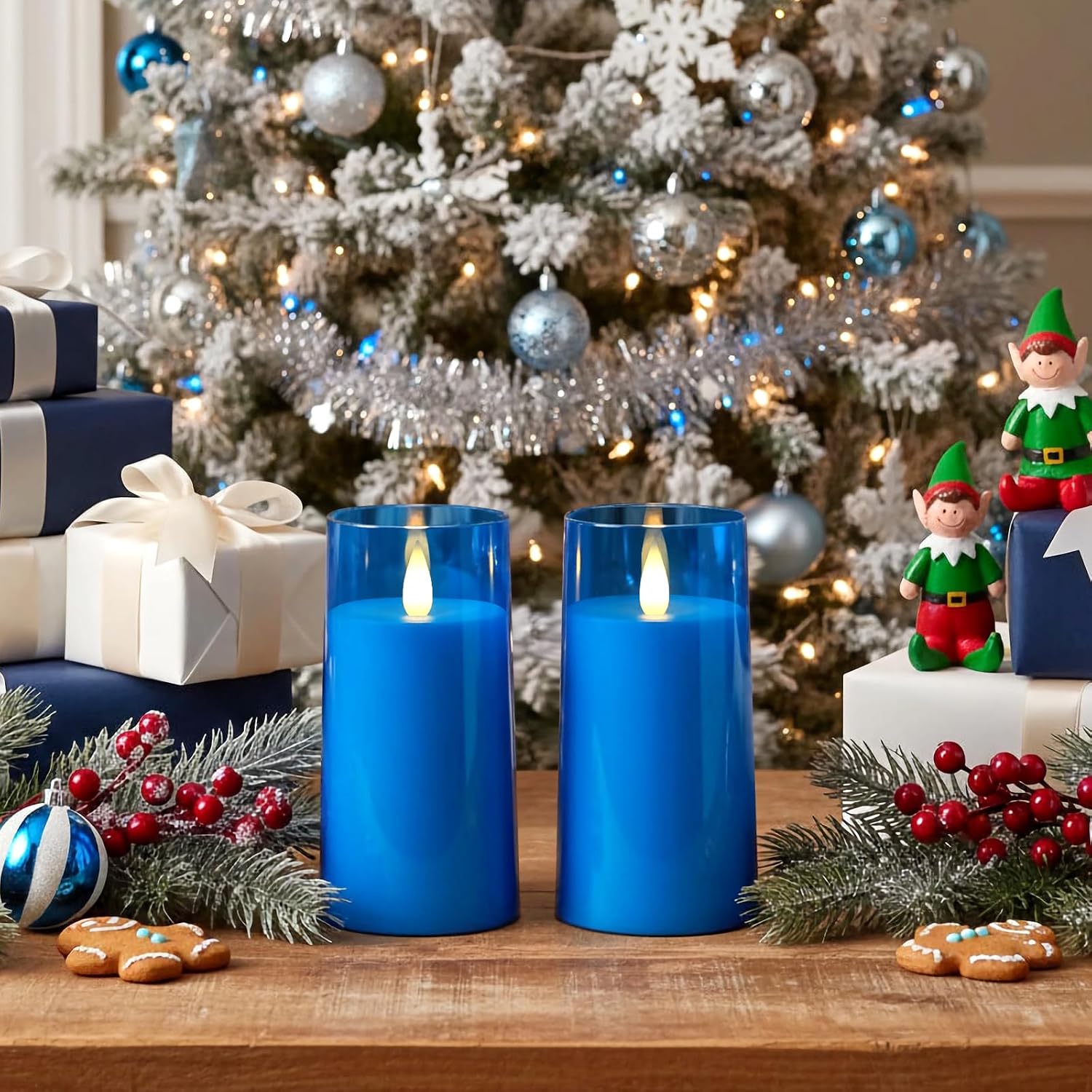 Homemory Realistic Flickering Flameless Candles, Battery Operated Candles, LED Fake Electric Candle with Remote Control and Timer for Home, Christmas Decoration, Blue, Set of 2 (H 6" 6")