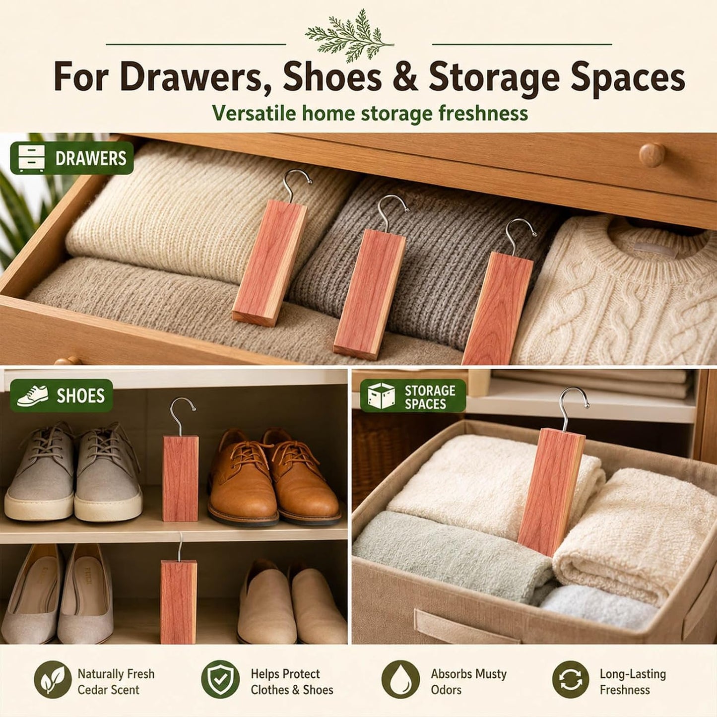 30 Pack Hanging Cedar Blocks for Clothes Storage, 100% Natural Eastern Red Cedar Planks with Metal Hooks, Sandable Cedar Closet Fresheners for Wardrobe, Drawers, Garment Bags & Storage Bins