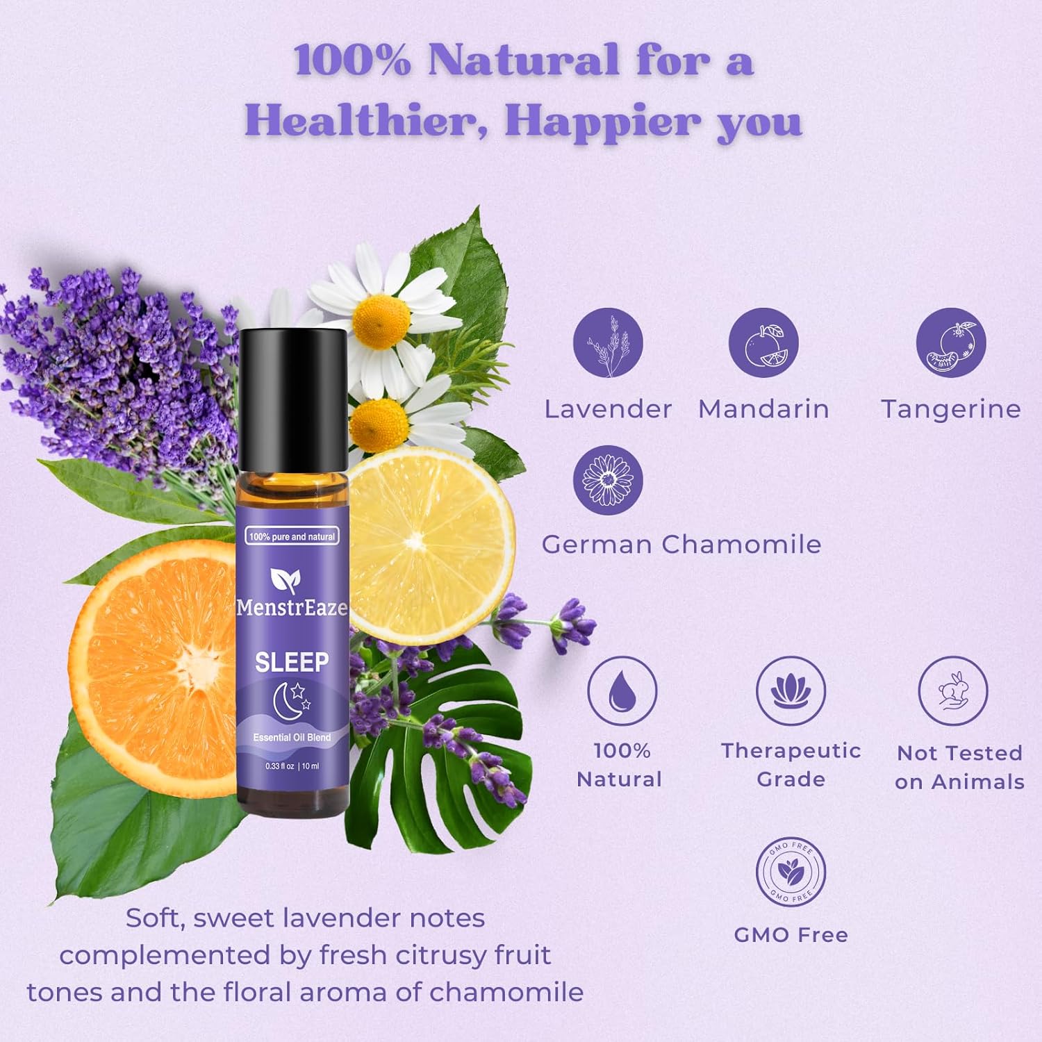 Natural Sleep Essential Oil Roll On, 100% Natural Deep Relaxation Blend with Lavender, Chamomile, Sweet Orange Aromatherapy Oils, 10ml