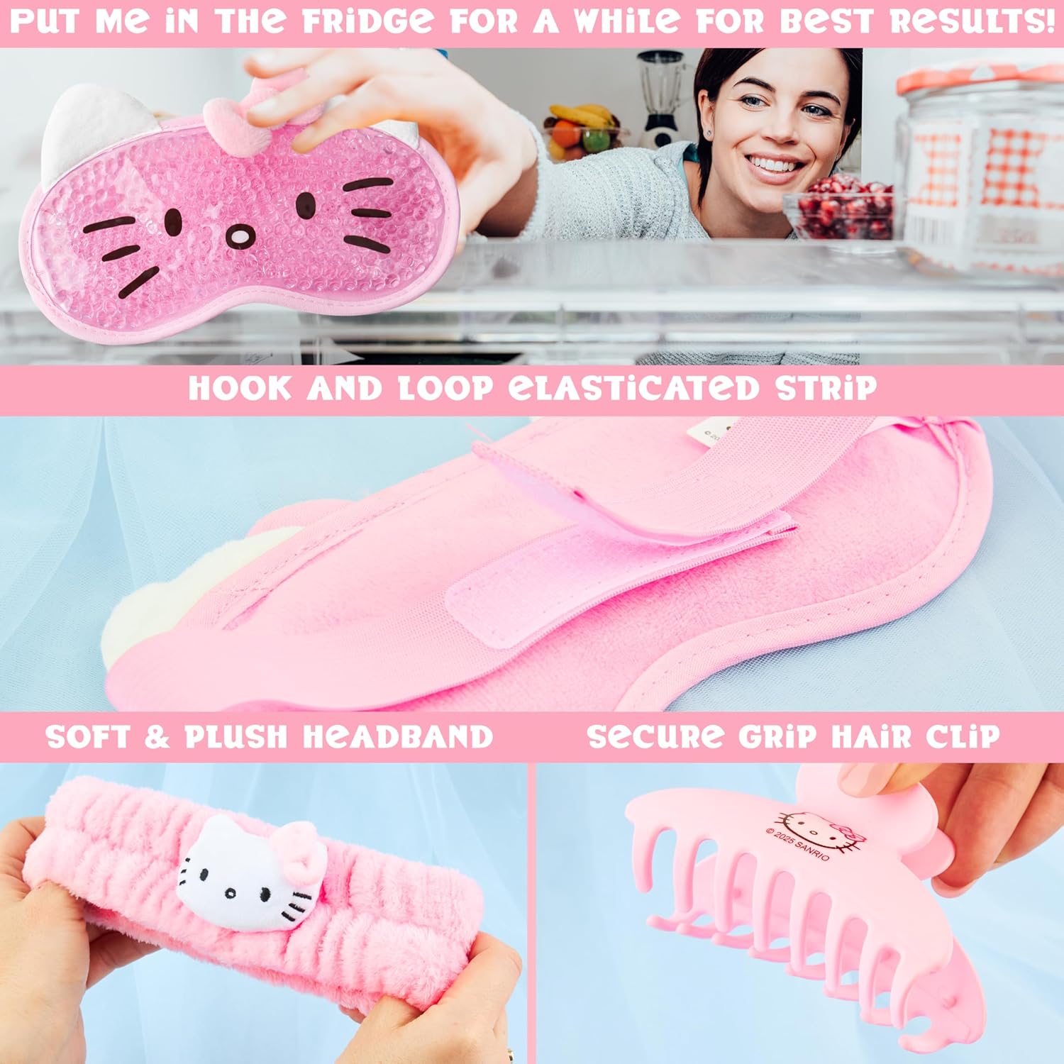 Hello Kitty Sanrio Beauty Set for Women, Teens with Cooling Gel Eye Mask, Plush Skincare Headband, Claw Clip, Eye Pads, Kawaii Gifts for Women (Pink Hello Kitty)