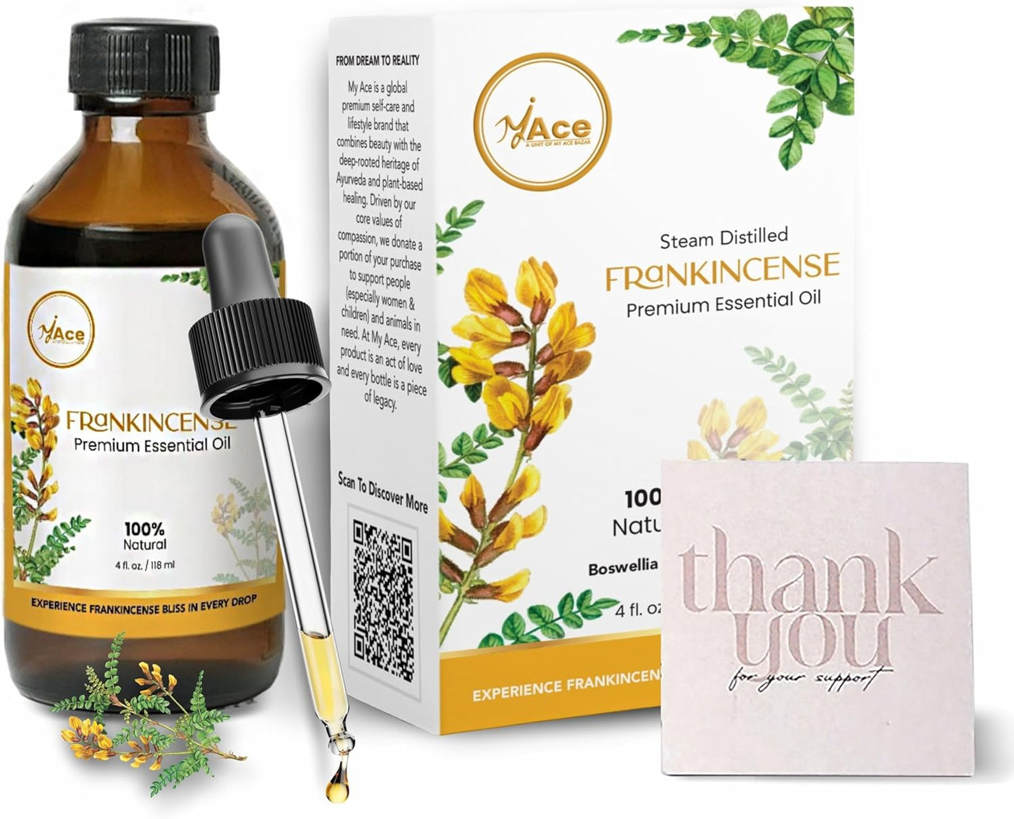 My Ace Frankincense Essential Oil 4oz – 100% Pure & Natural, Premium Grade, Undiluted Boswellia Serrata Oil for Diffuser, Aromatherapy, Skin & Hair Care, Amber Glass Bottle with Dropper