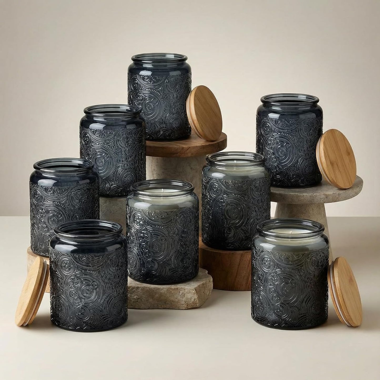 8 oz Gray Sun Moon Stars Candle Jars with Bamboo Lids, 9 Pack | Patented Embossed Design, Includes Wick Centering Devices & Warning Labels, Multiple Color Options