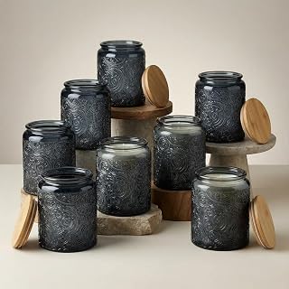 8 oz Gray Sun Moon Stars Candle Jars with Bamboo Lids, 9 Pack | Patented Embossed Design, Includes Wick Centering Devices & Warning Labels, Multiple Color Options