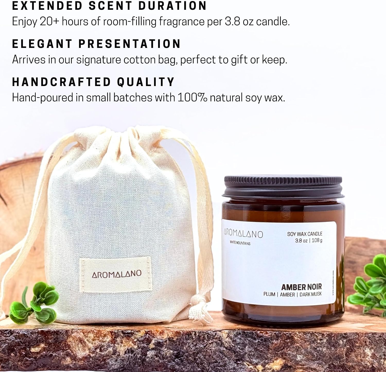 Hand-Poured Scented Soy Candle, Amber Glass Jar with Cotton Bag, 3.8 oz (Amber Noir: Plum, Amber, Dark Musk)