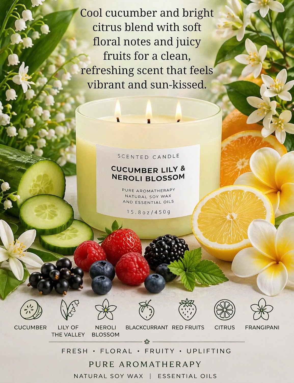Cucumber Lily Neroli Blossom Candle | 3-Wick Large Soy Candle 15.8 oz | Fresh Cucumber Aromatherapy Candle for Women | Calming Floral Citrus Spa Scent | Long Lasting Clean Burn