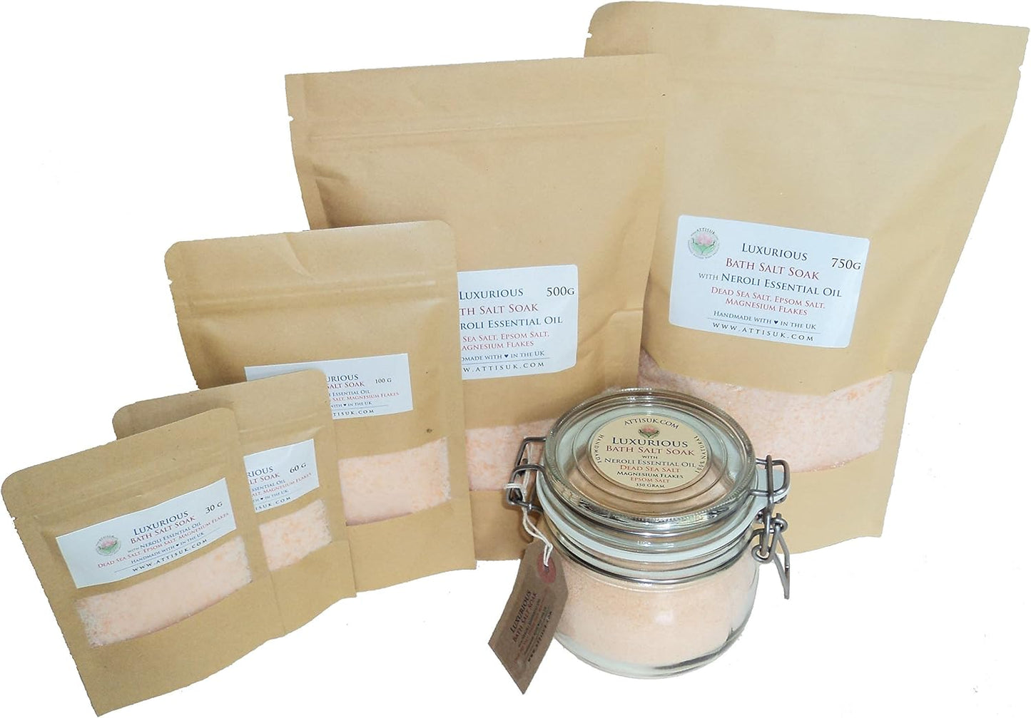 ATTIS Luxurious Bath Salt Soak with Neroli Essential Oil, Dead Sea Salt, Magnesium Flakes, Epsom Salt, Himalayan Pink Salt | Vegan | Hand Made | Relaxing | Refreshing | Calming | (26.45oz)