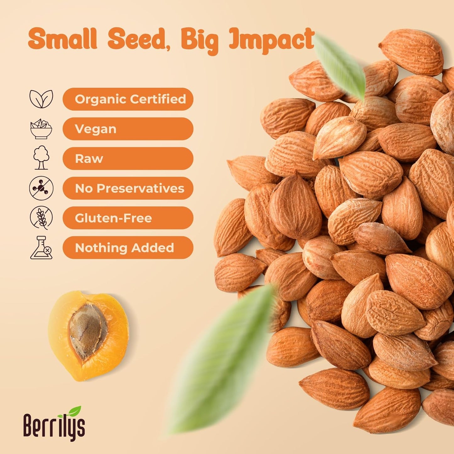 Berrilys Organic Bitter Apricot Kernels - USDA Certified Organic Bitter Apricot Seeds - Natural & Non-GMO, Premium Quality Kernals, No Sulfur or Additives - 10 oz