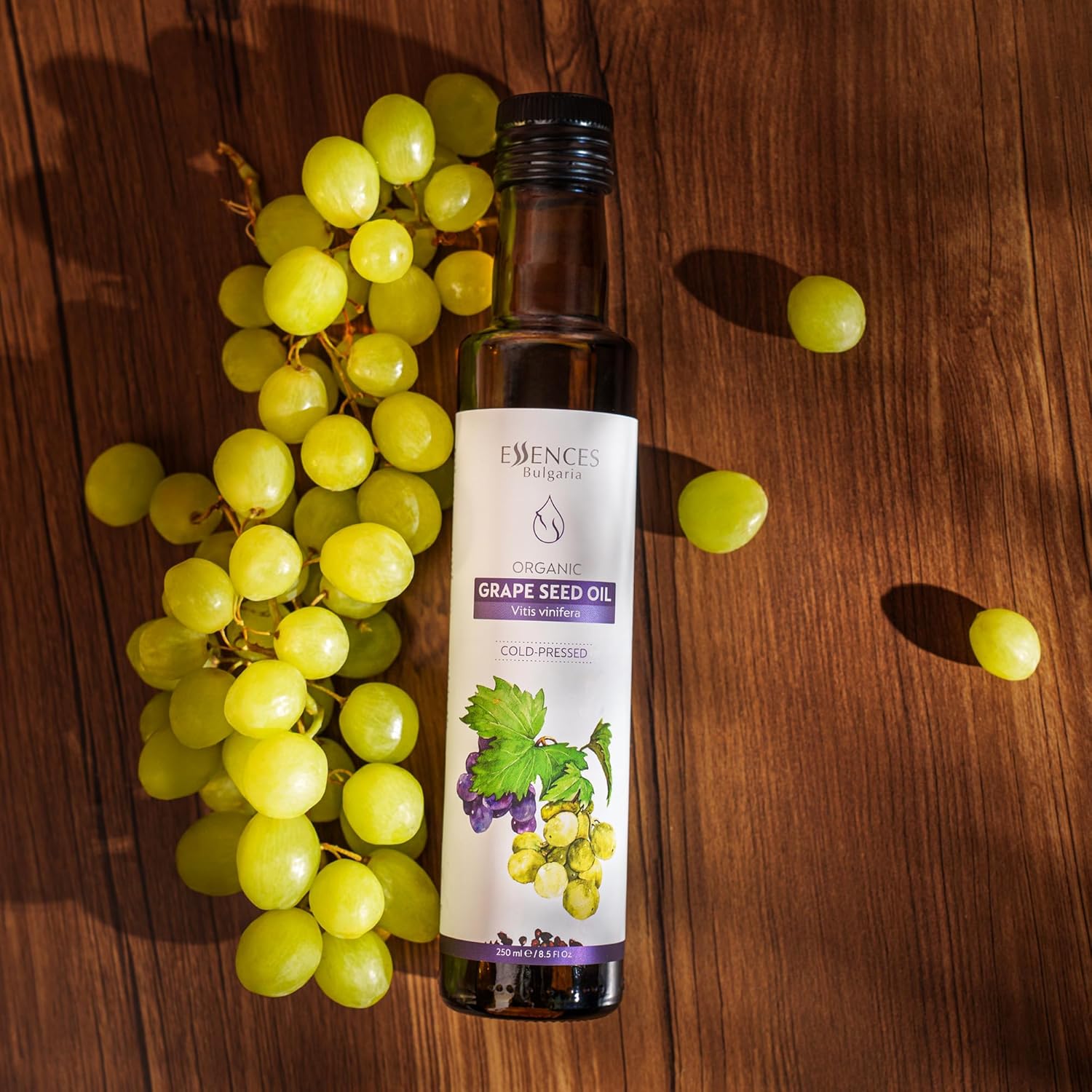 Essences Bulgaria Organic Grape Seed Oil 8.5 Fl Oz | 250ml | 100% Natural Cold-Pressed Oil | Extra Premium Quality | Excellent Taste | Dips | Salads | No Additives or Preservatives | Non-GMO | Vegan