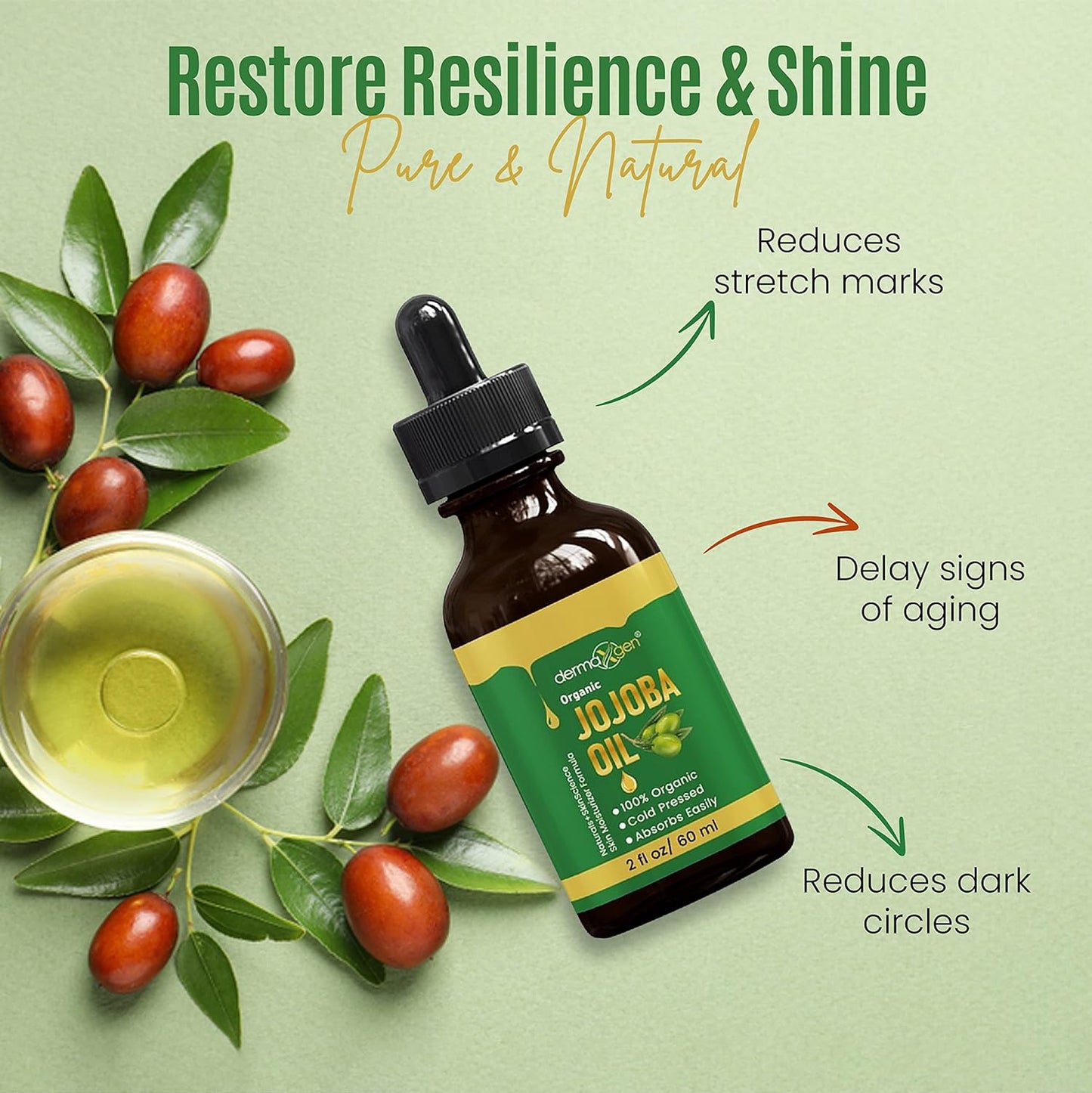 Jojoba Oil -100% Organic & Cold Pressed Oil - Anti-Aging Moisturizing Treatment for Face, Hair, Skin & Nails, Acne Scars, Anti-Wrinkle. (2 FL OZ)