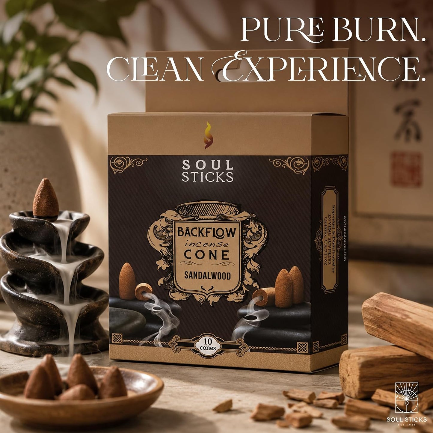 Soul Sticks Backflow Incense Cones – 40 Handmade Organic Cones for Waterfall Burner | 4 Pack Long Lasting Aromatic Scents | Thick White Smoke Incense for Meditation, Yoga & Gifts (Sandalwood)