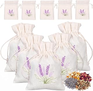 10pcs Empty Sachet Bags, Refillable Embroidered Lavender Cotton Bags Small Drawstring Lavender Holder Resuable Perfume Pouches DIY Craft Gifts for Spice, Dry Flower, Aromatic Plants (5.5 X 3.93)